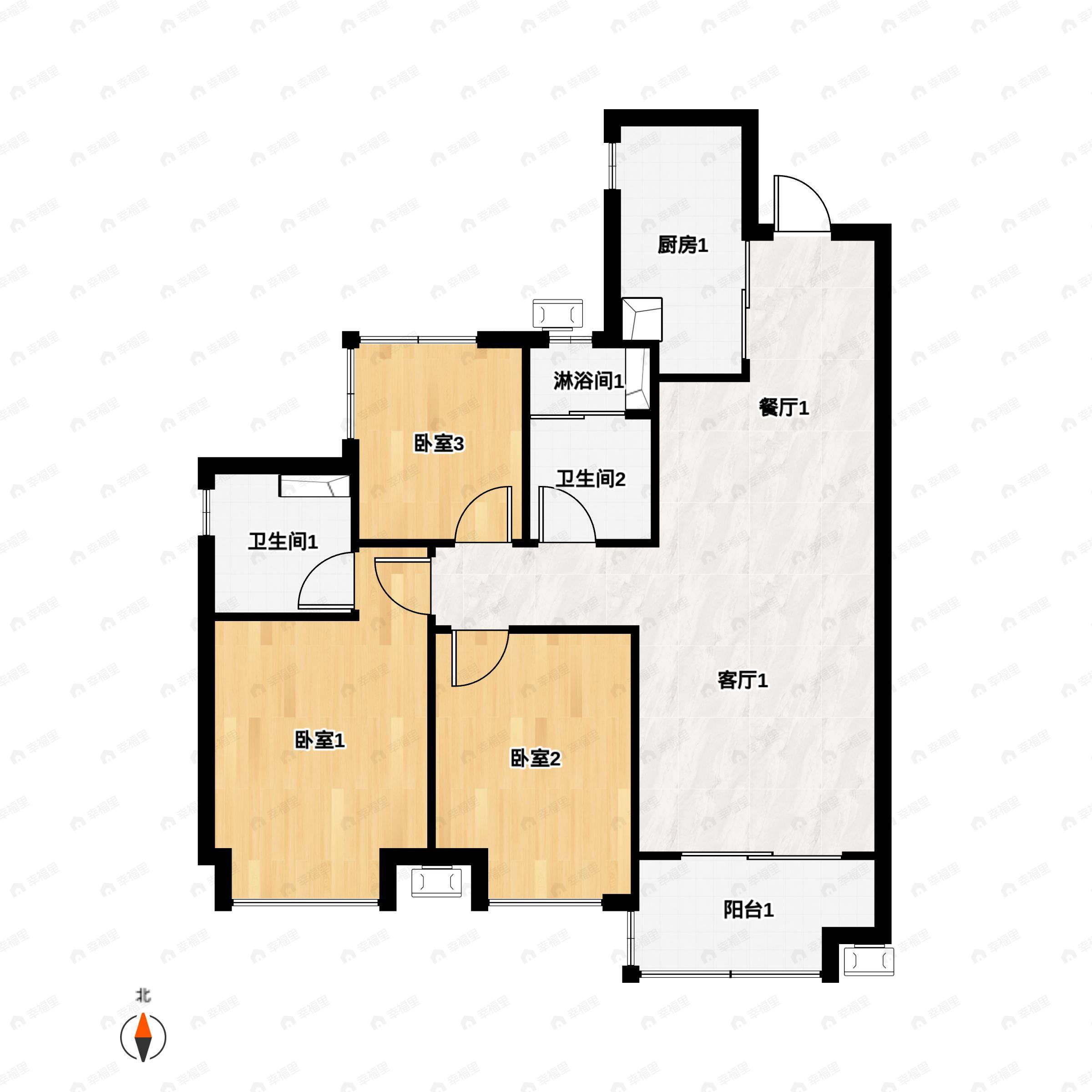 3室2厅2卫建面86平南|北户型图