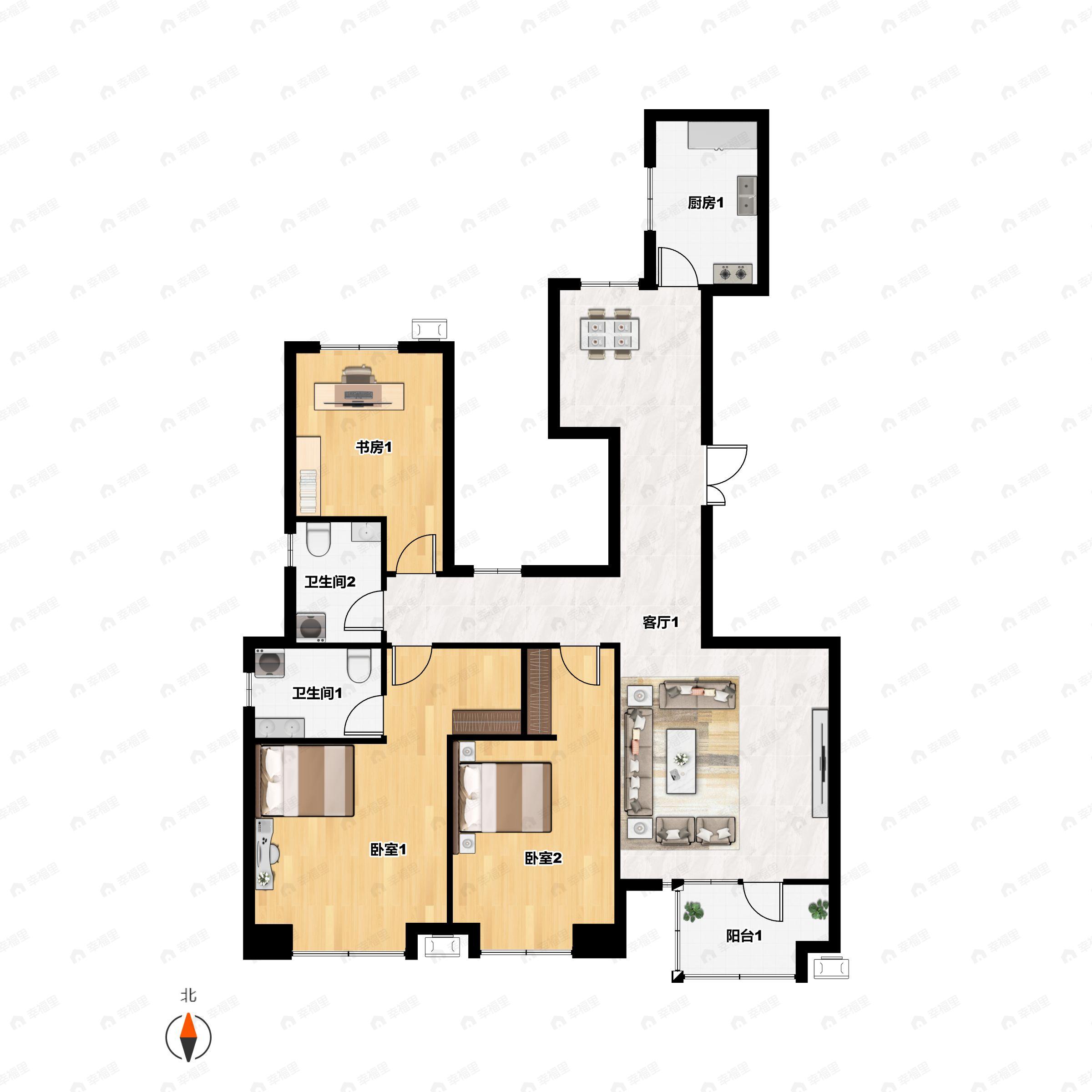 3室2厅2卫建面134平南户型图