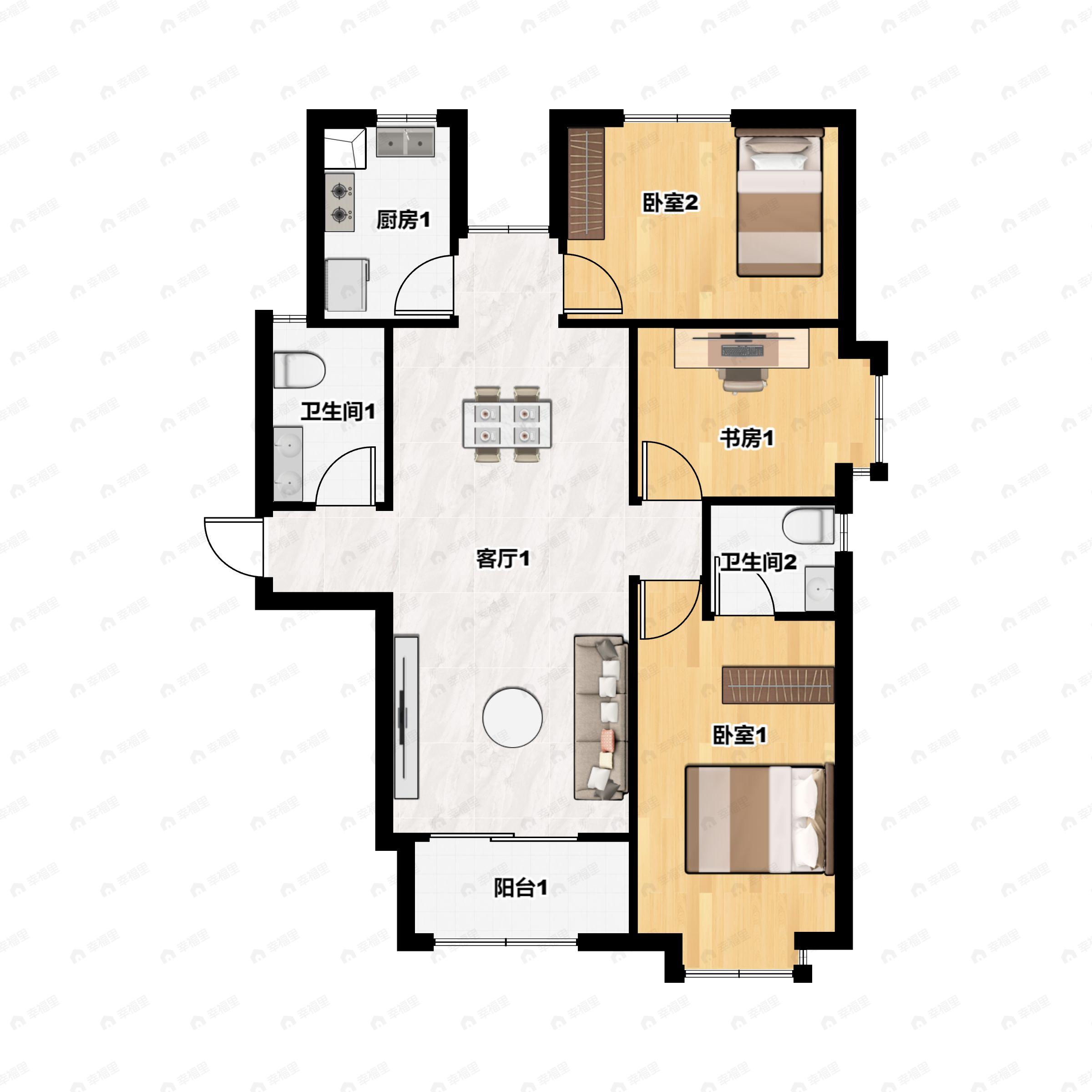 泽龙阳光国际B区3室2厅2卫户型图