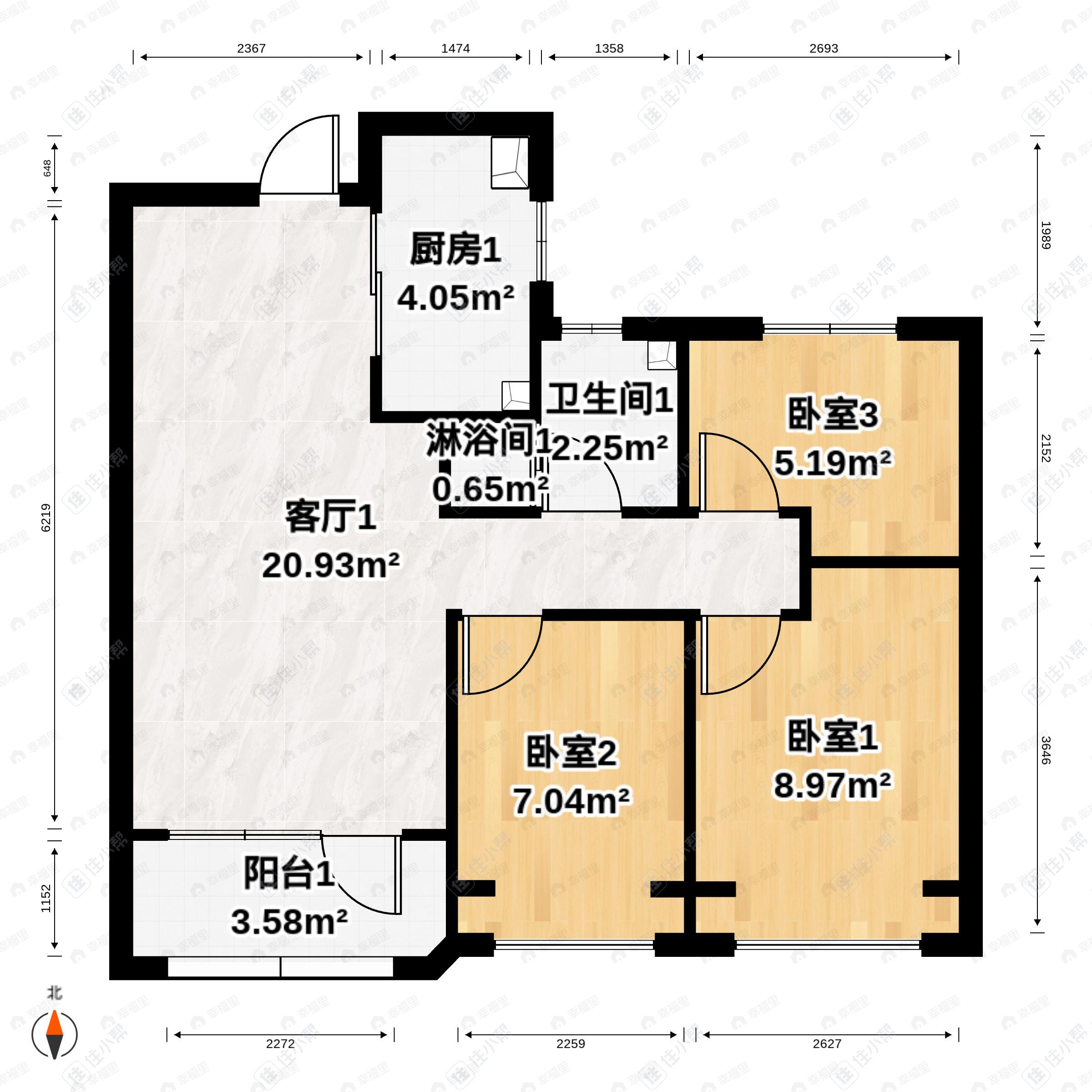 3室2厅1卫建面96平户型图