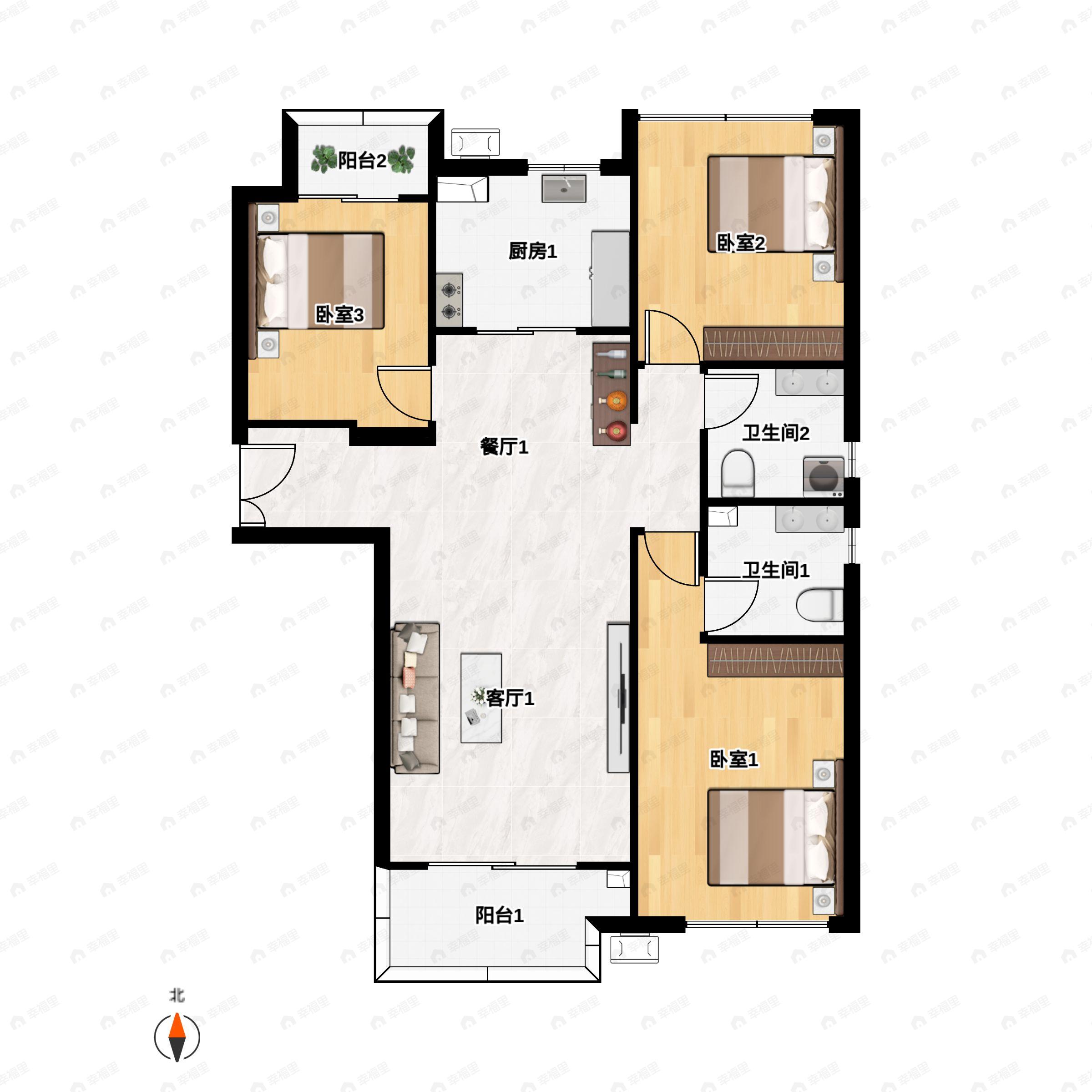 3室2厅2卫建面143平北|南户型图