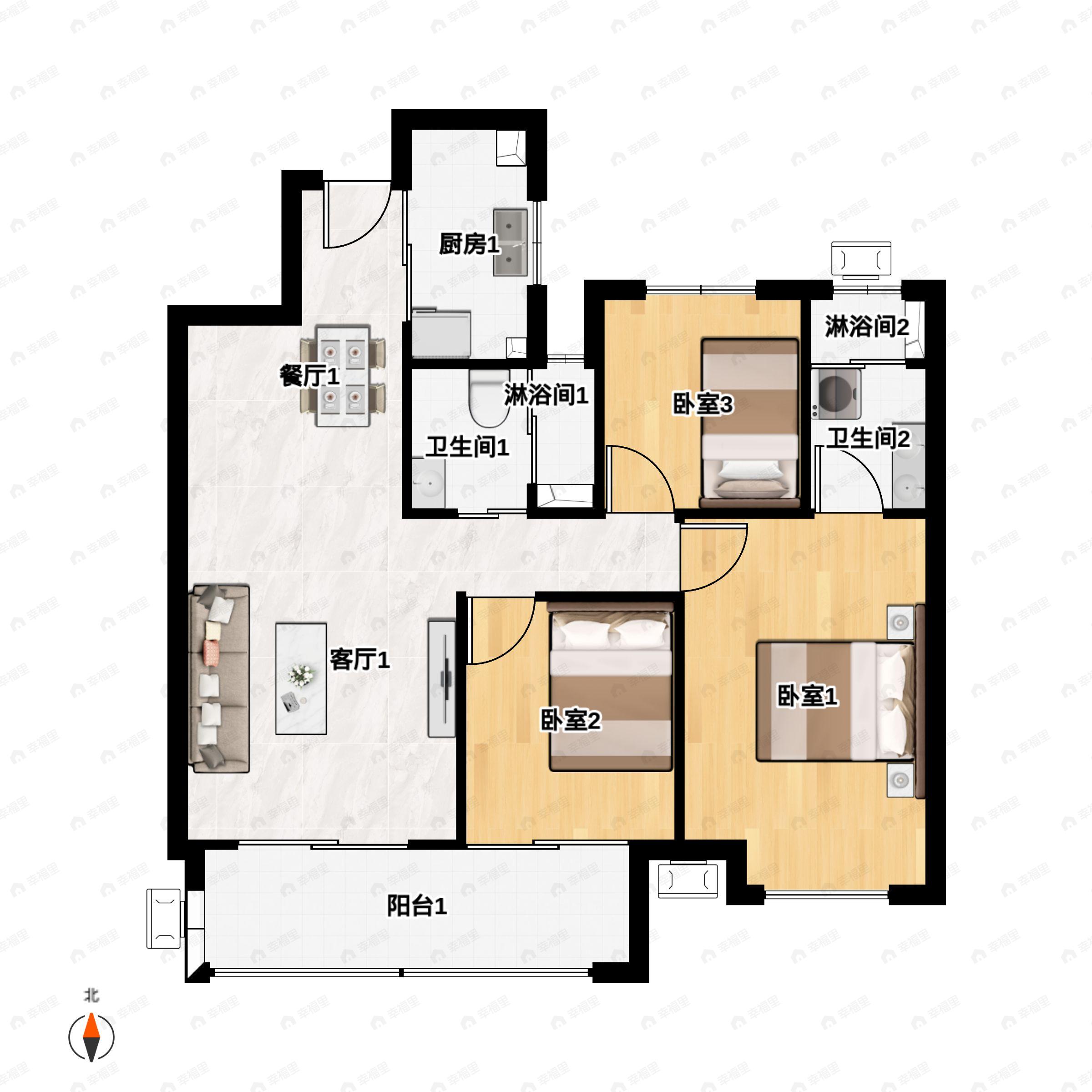3室2厅2卫建面118m²南户型图