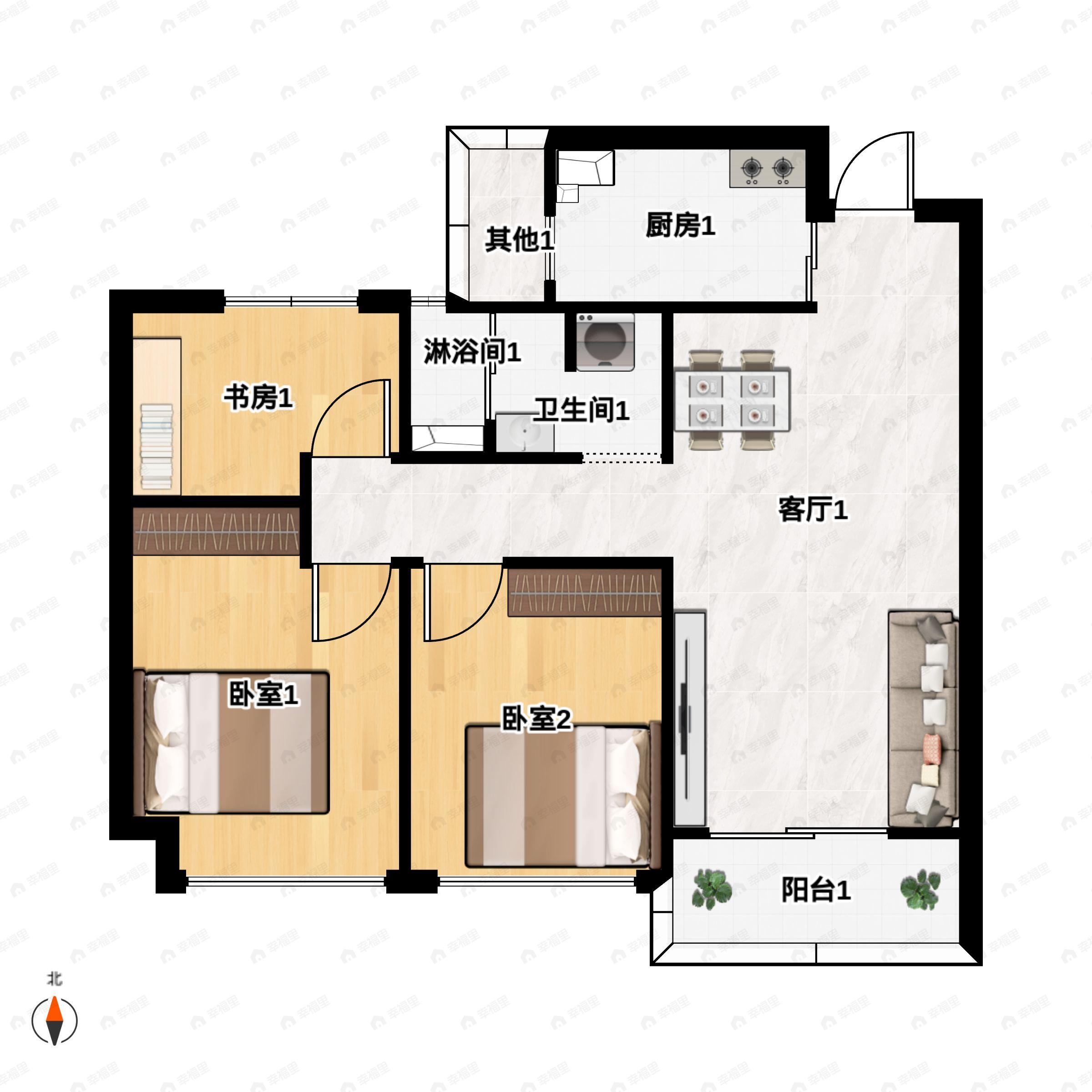 3室2厅1卫建面85m²南户型图