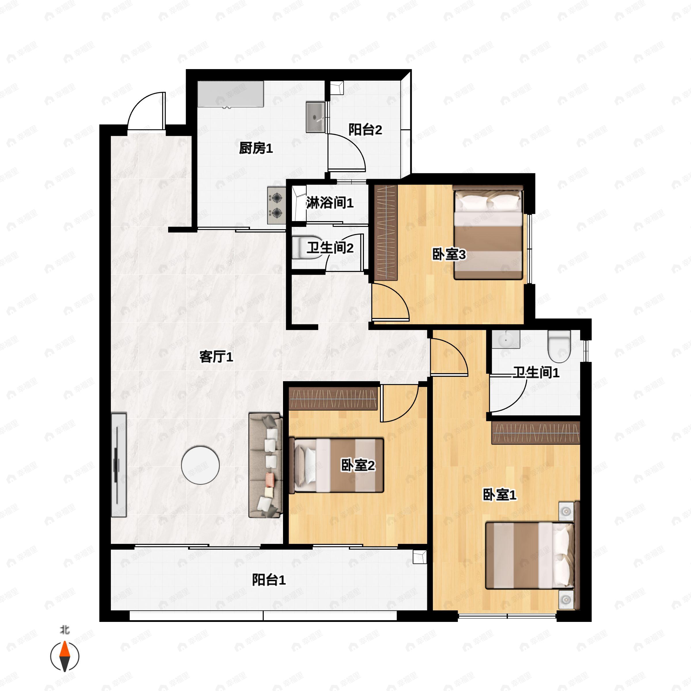 3室2厅2卫建面116平东南户型图