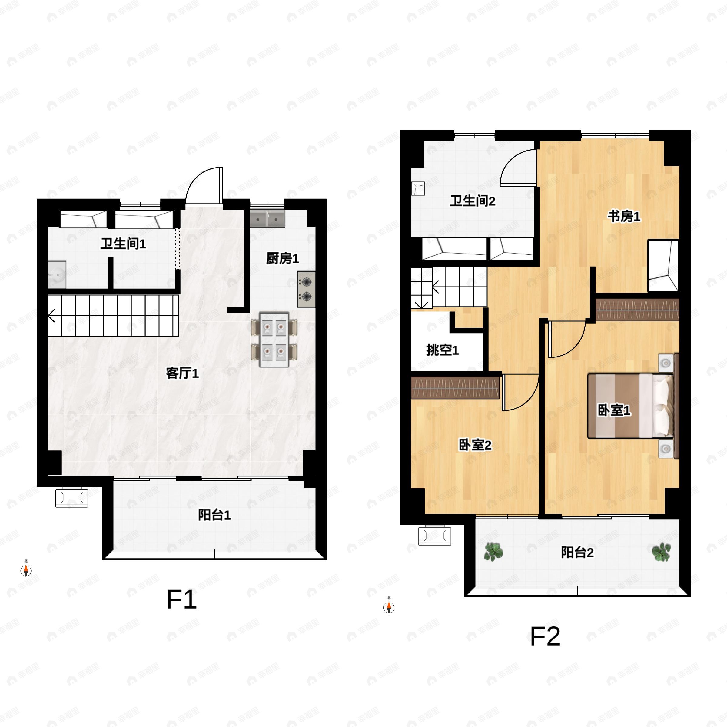2室2厅2卫建面60m²南|北户型图