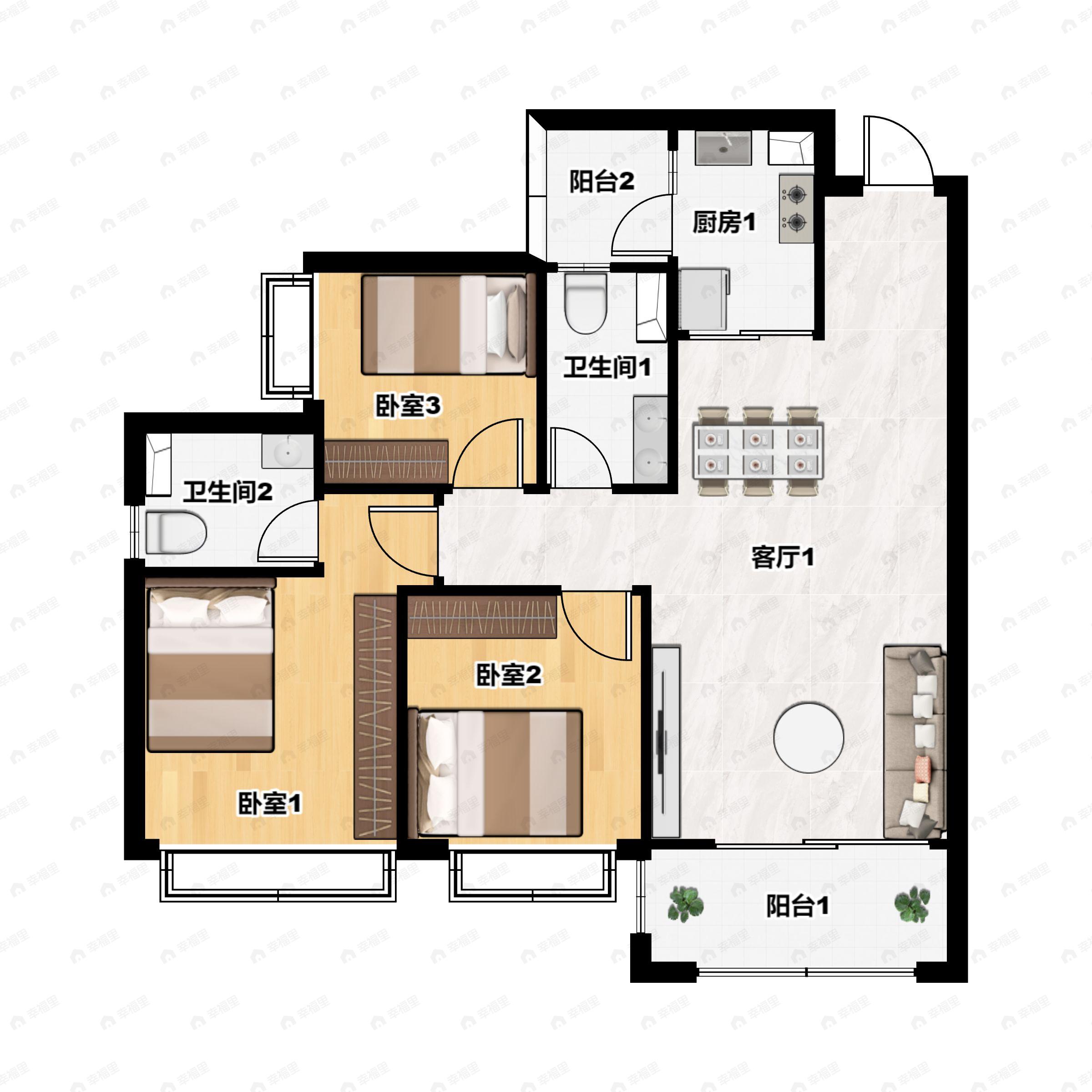 3室2厅2卫建面98平南|北户型图