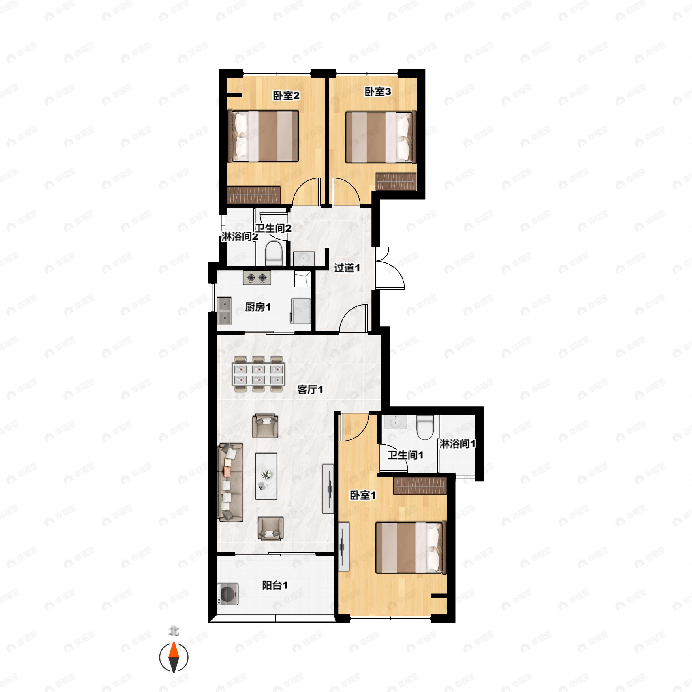 3室2厅2卫建面112平南户型图