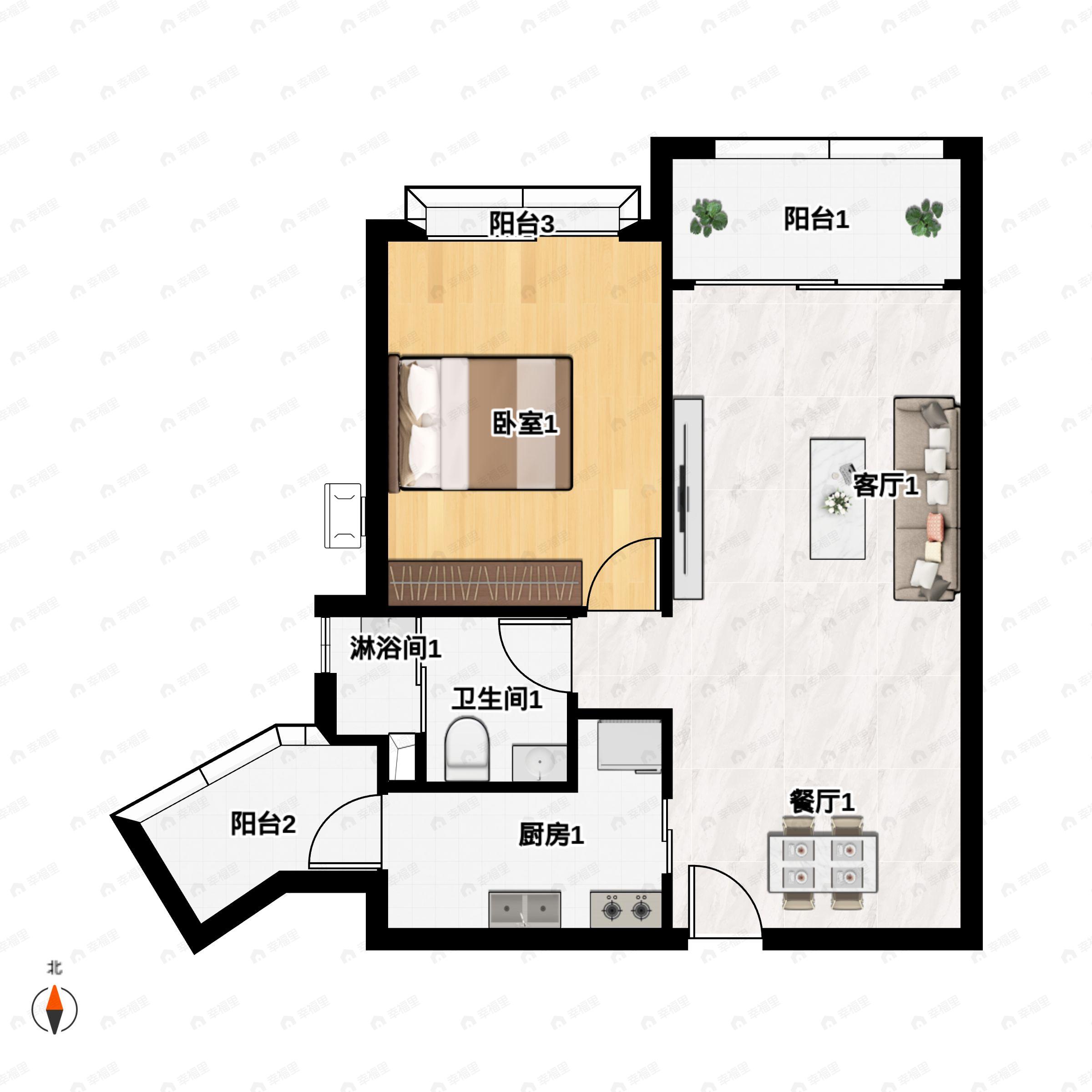 1室2厅1卫建面62平南户型图