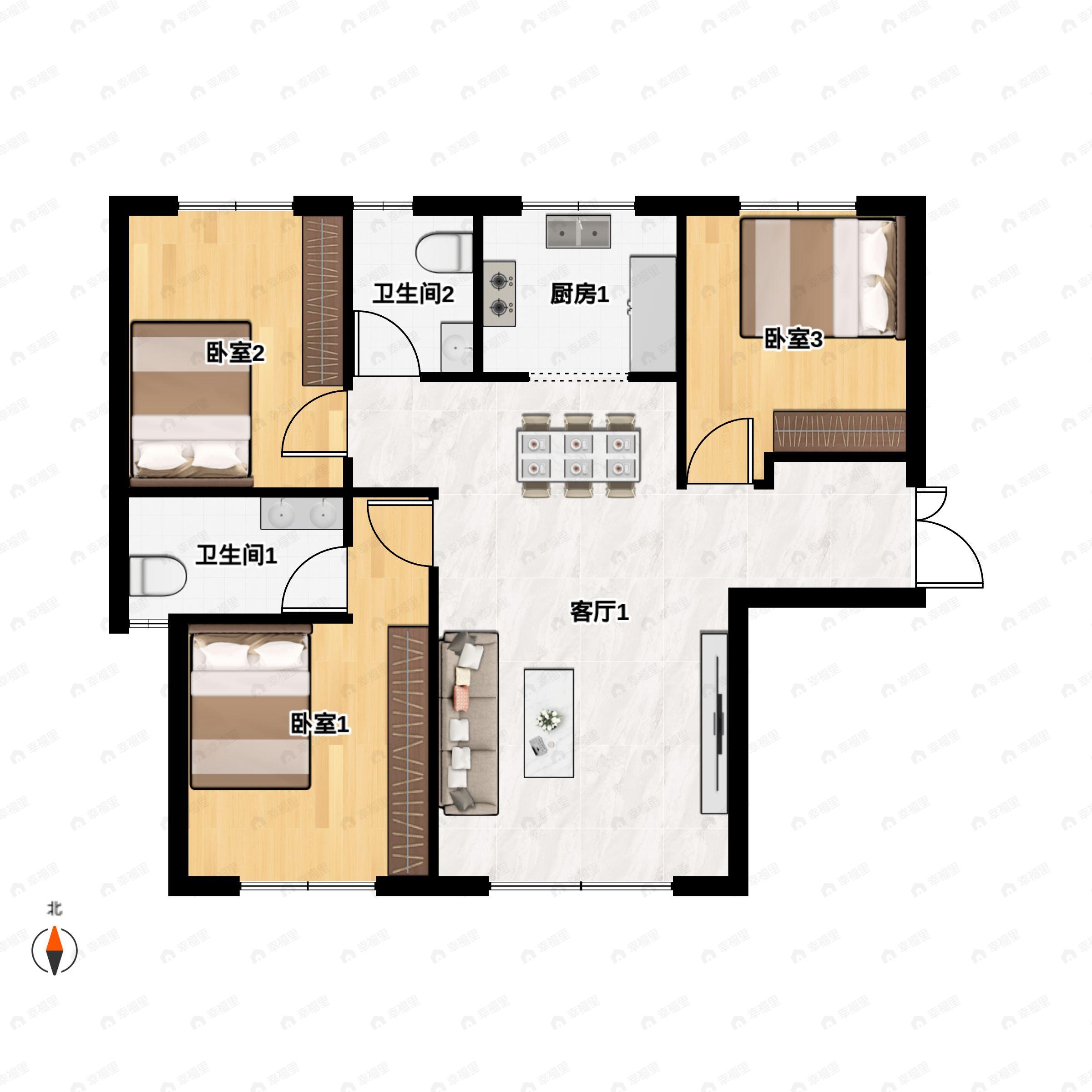 3室2厅2卫建面119平南户型图