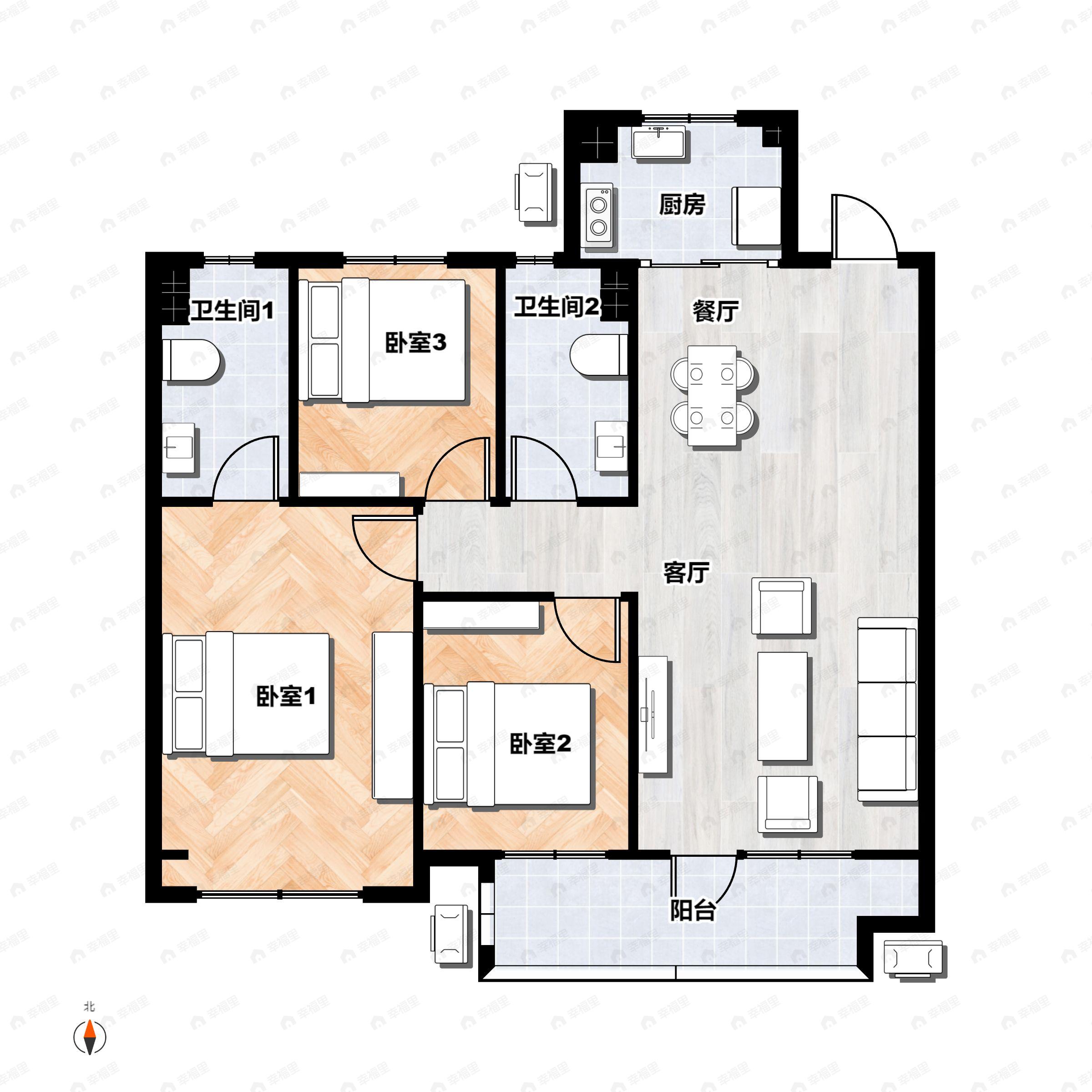 3室2厅2卫建面110平户型图