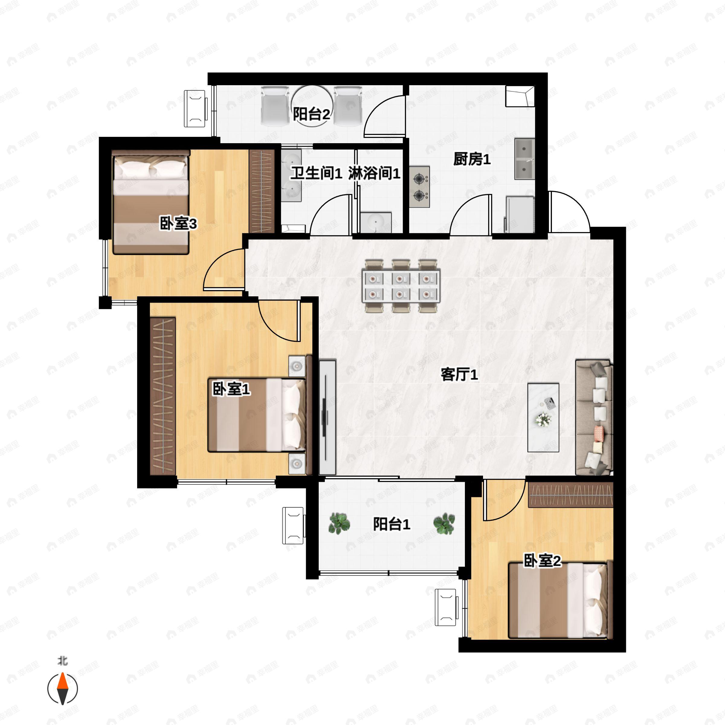 3室2厅1卫建面68平户型图