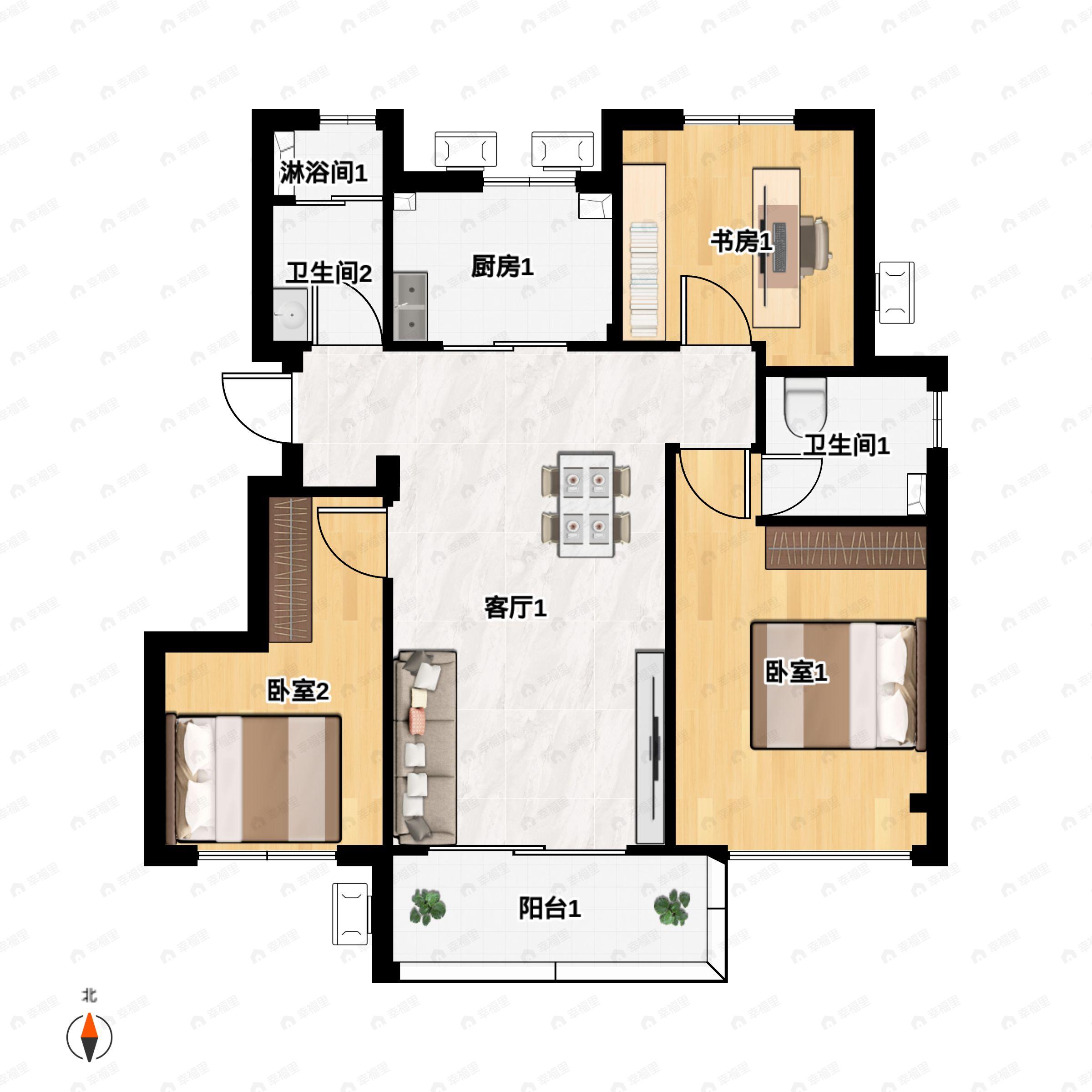 3室2厅2卫建面95平南户型图