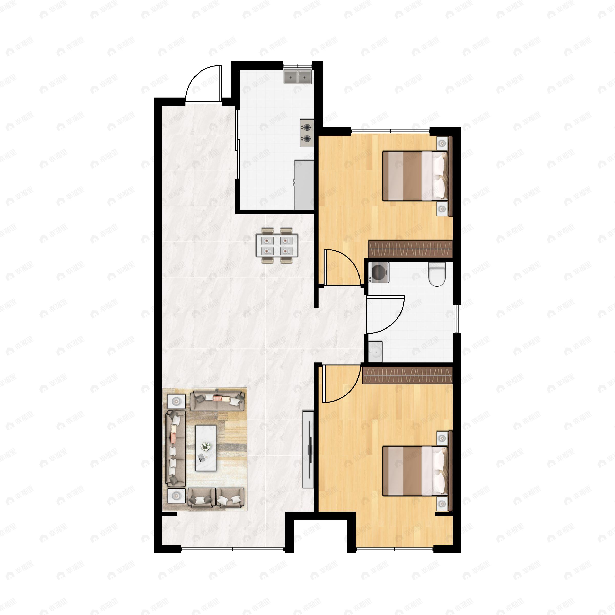 2室2厅1卫建面87m²南|北户型图