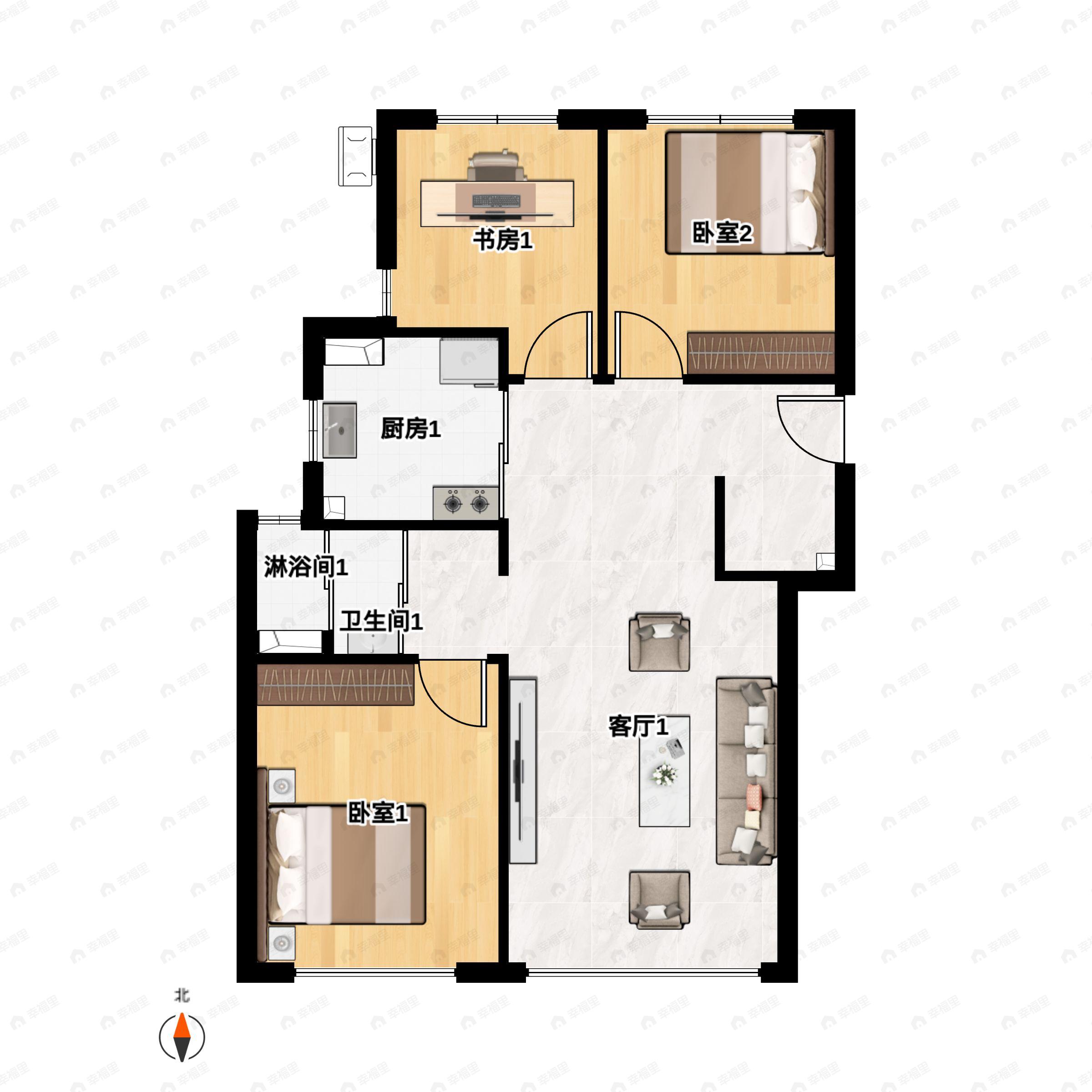 3室2厅1卫建面89m²北|南户型图