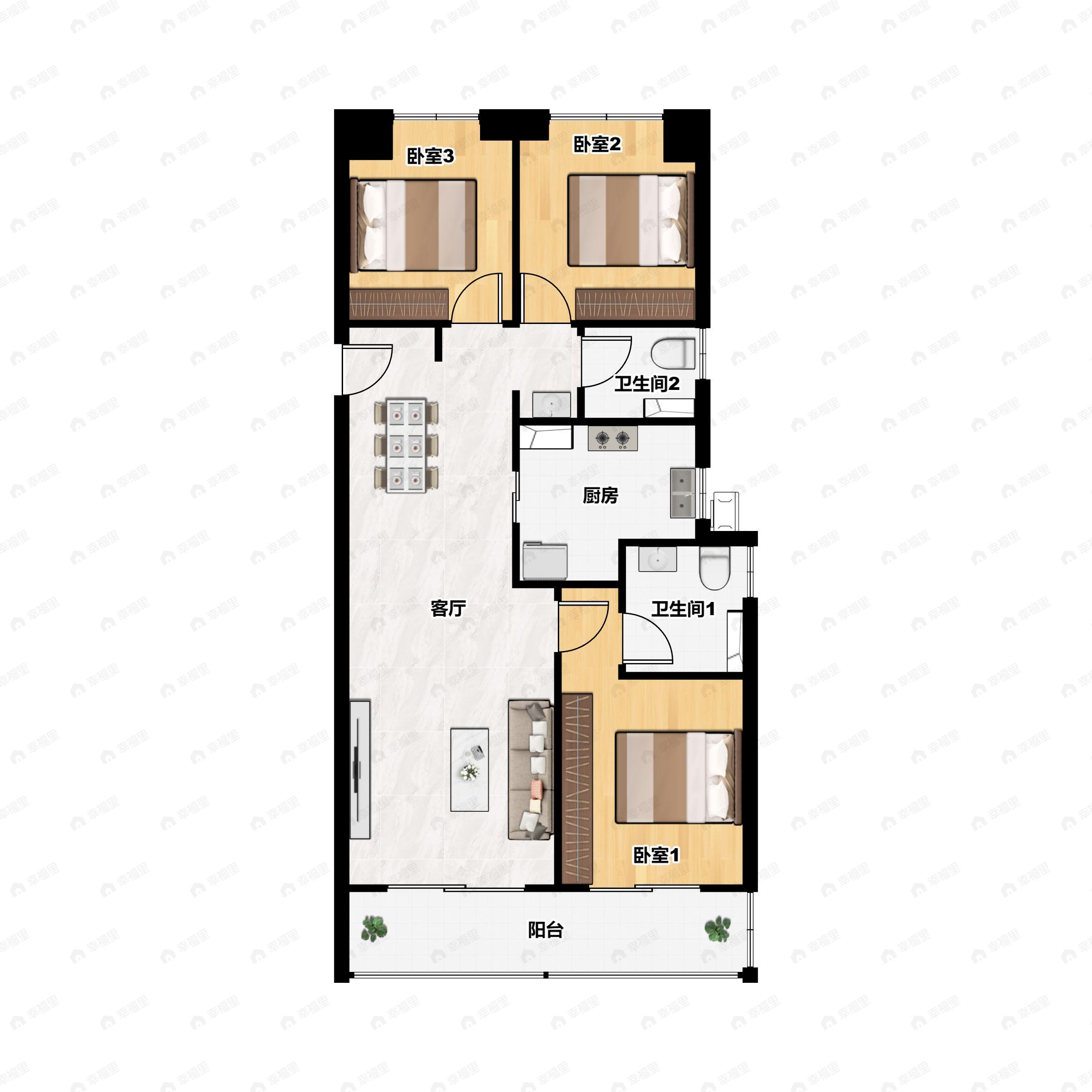 3室2厅2卫建面124m²南户型图