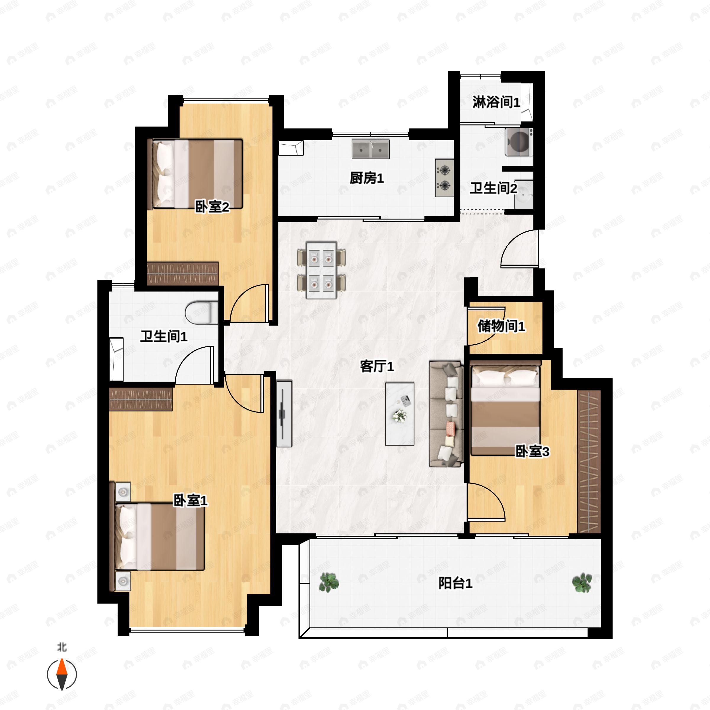 3室2厅2卫建面108m²南|北户型图