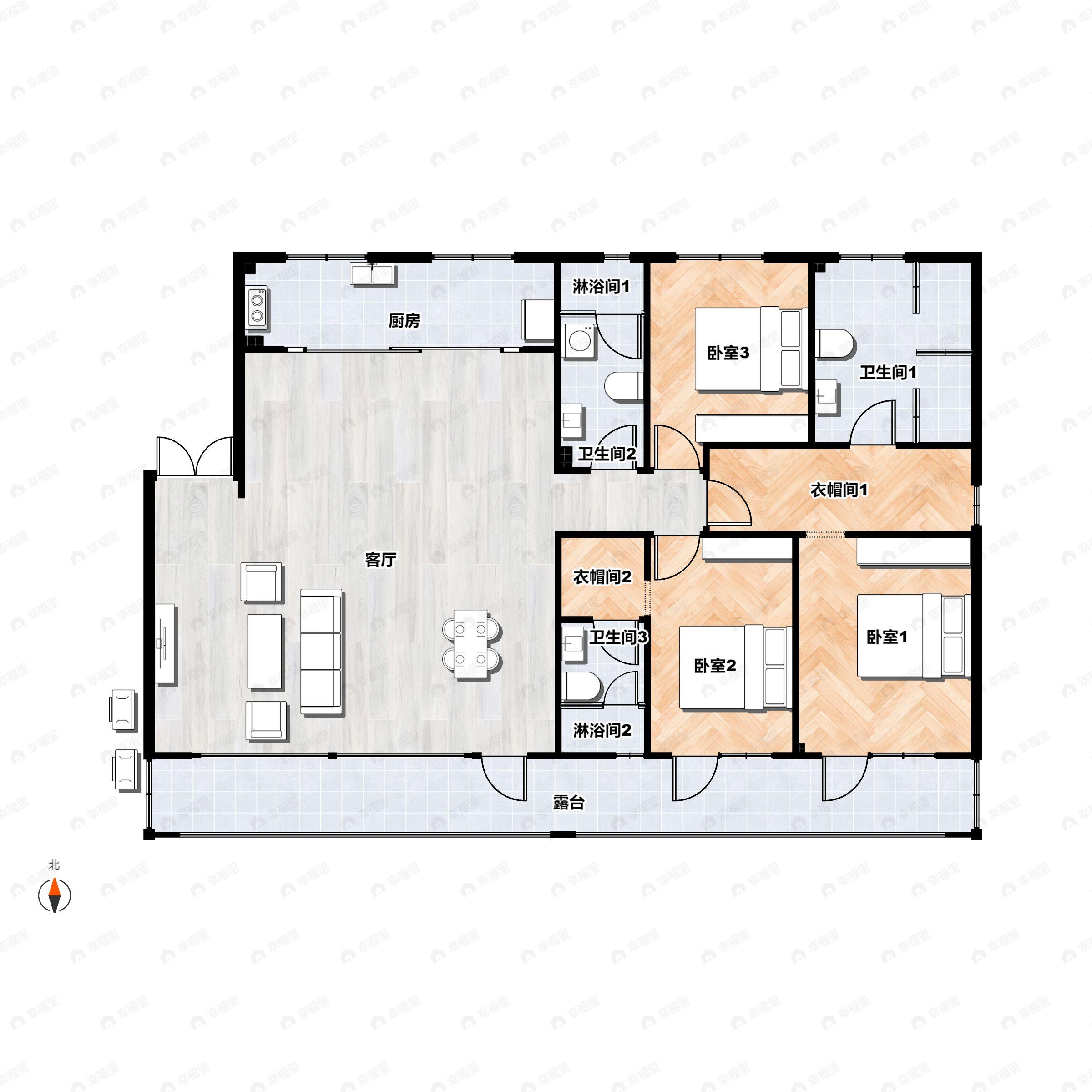 3室2厅3卫建面180平户型图