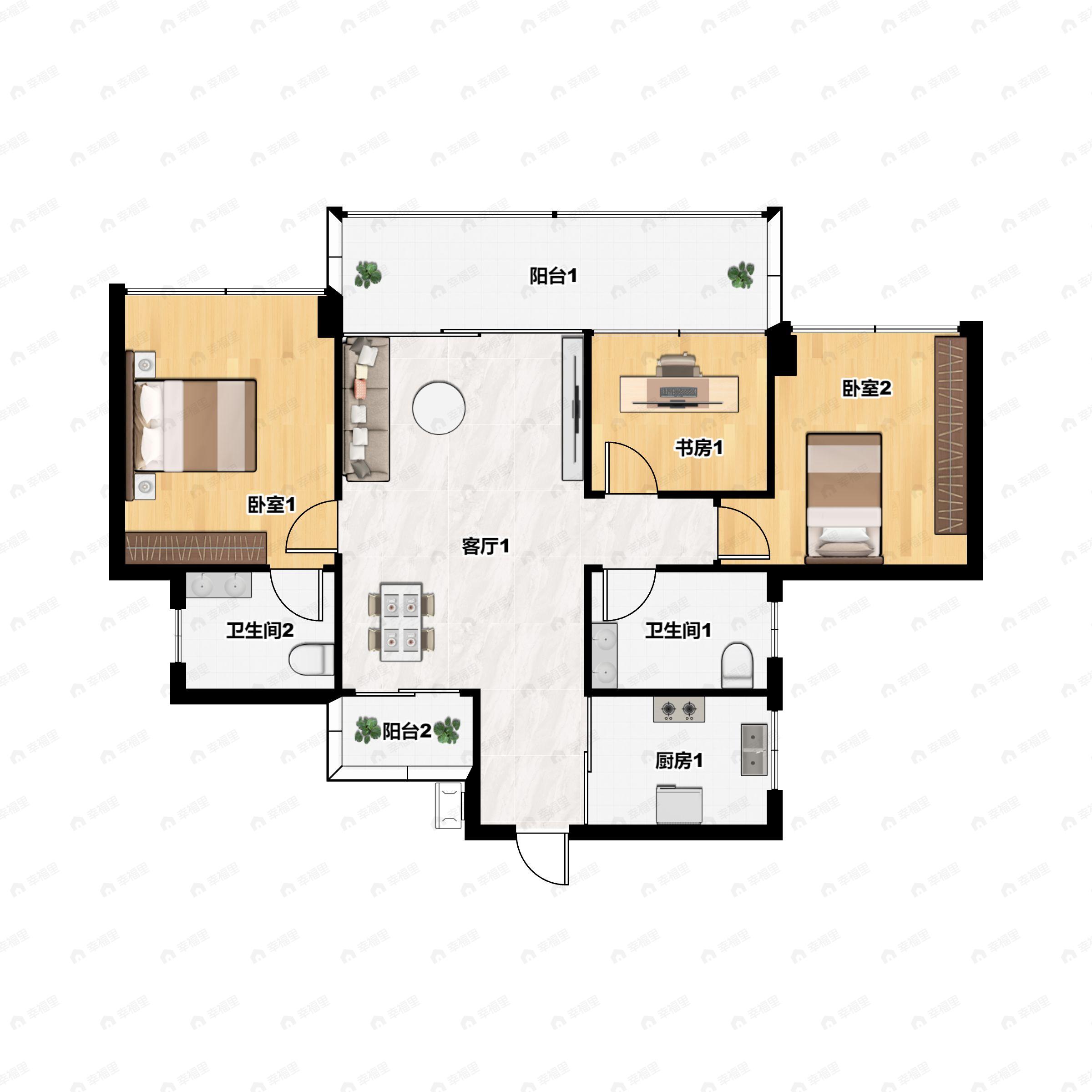 3室2厅2卫建面96平东北户型图