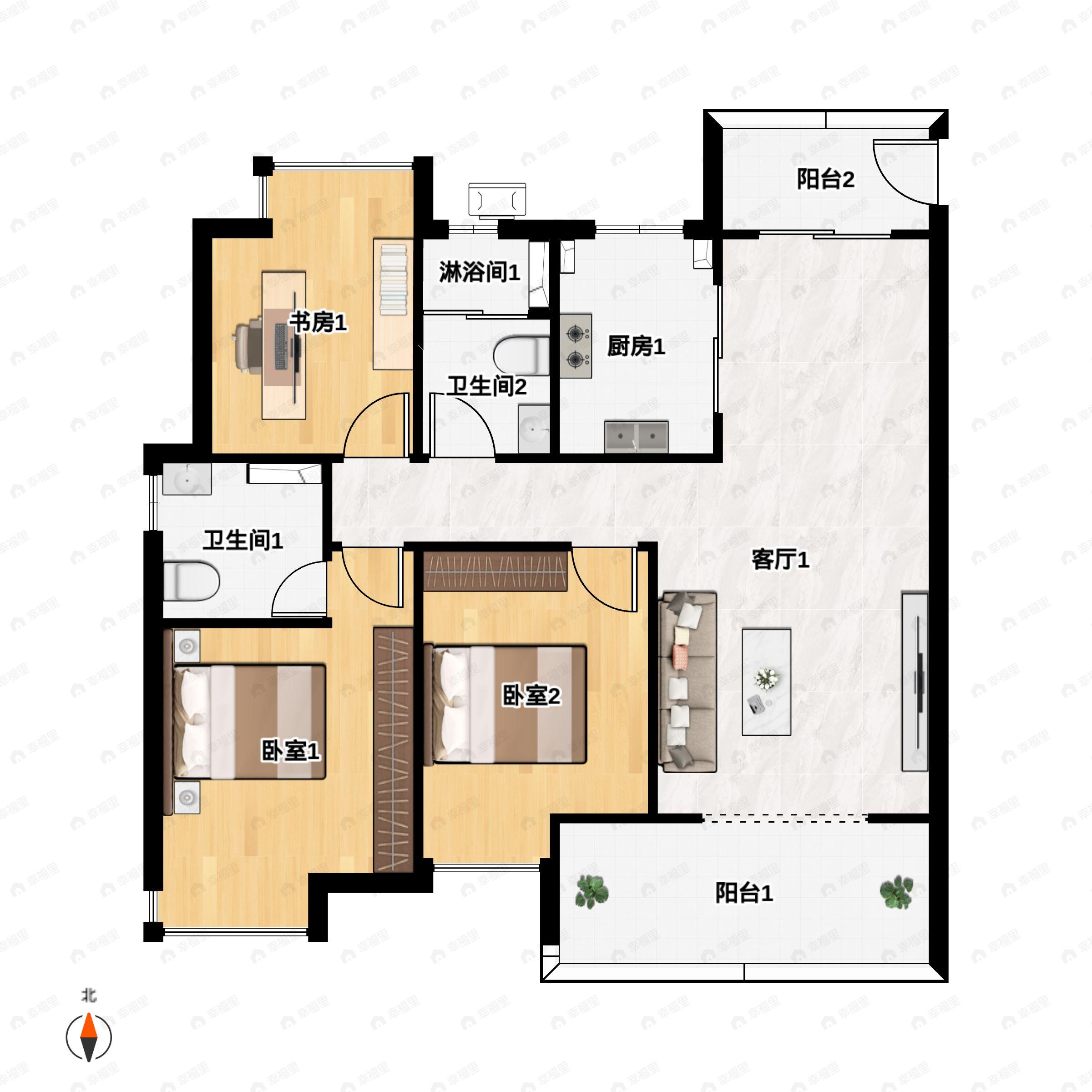 3室2厅2卫建面115m²南户型图