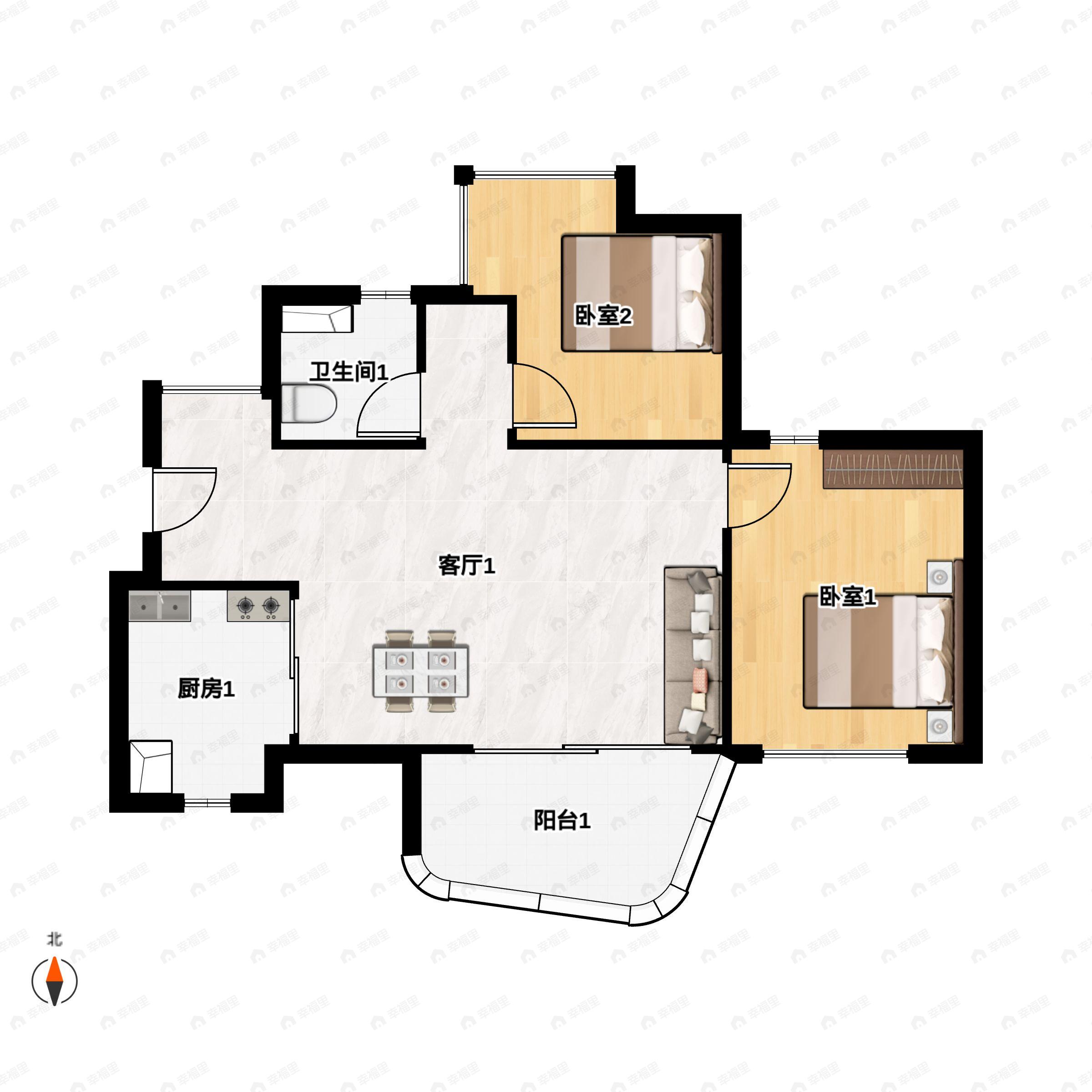 2室2厅1卫建面76m²南|北户型图