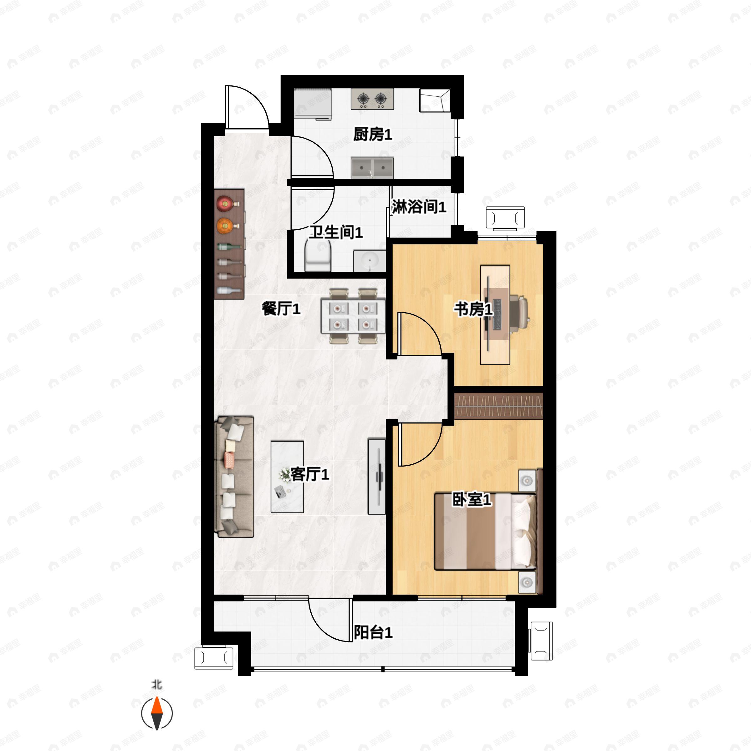 2室2厅1卫建面77m²南户型图