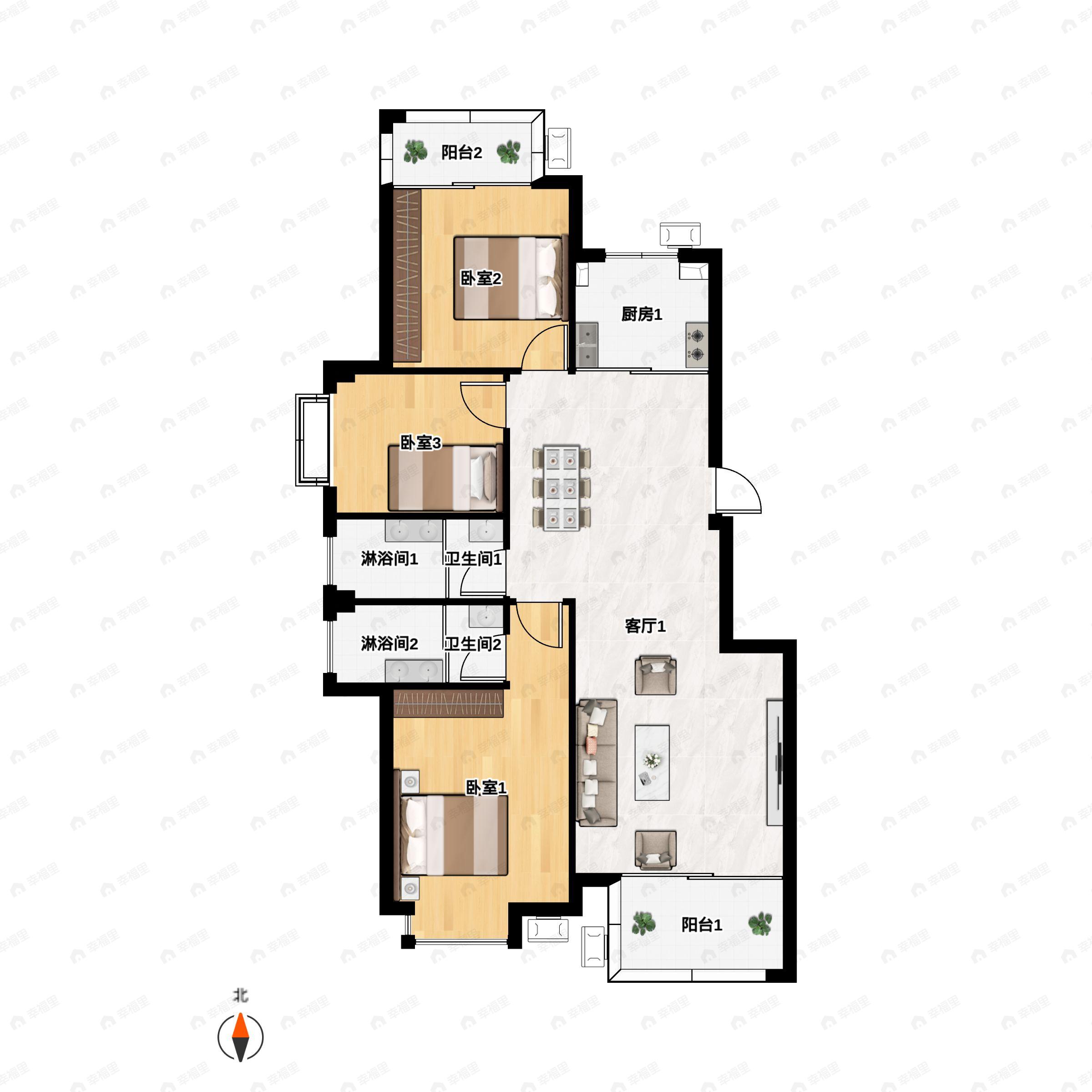 3室2厅2卫建面106m²南户型图