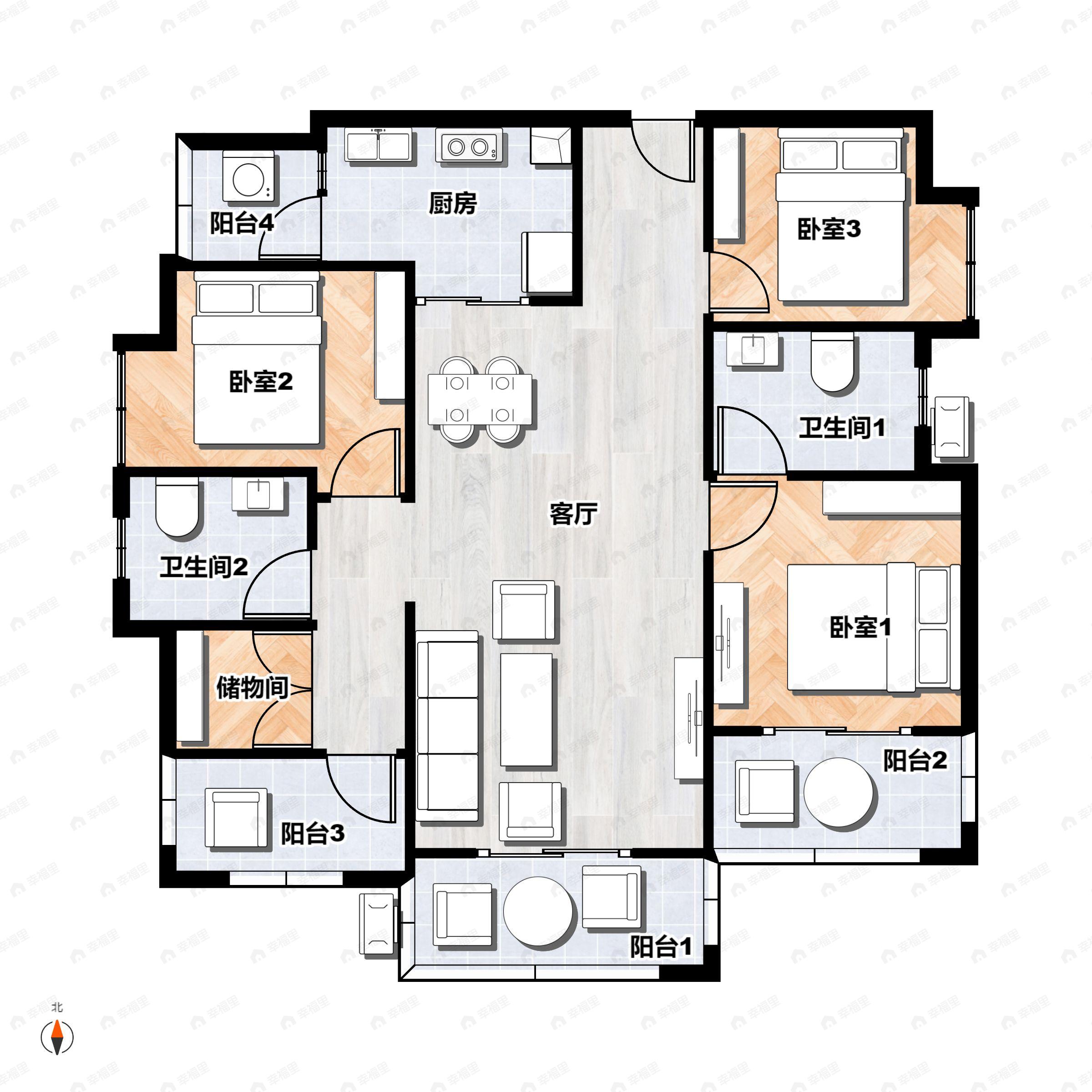 4室2厅2卫建面109平东|南|北|西户型图