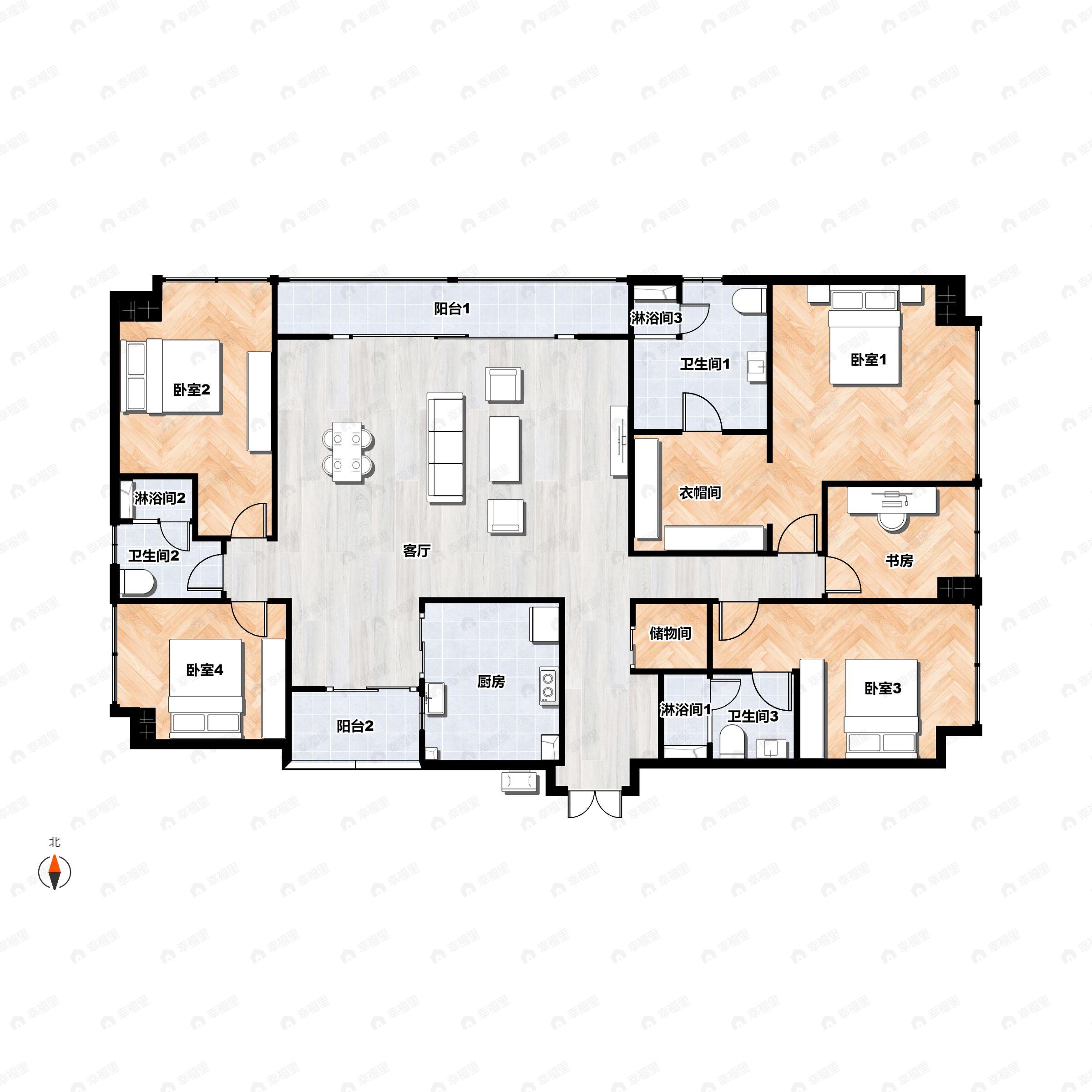 5室2厅3卫建面236平西北户型图