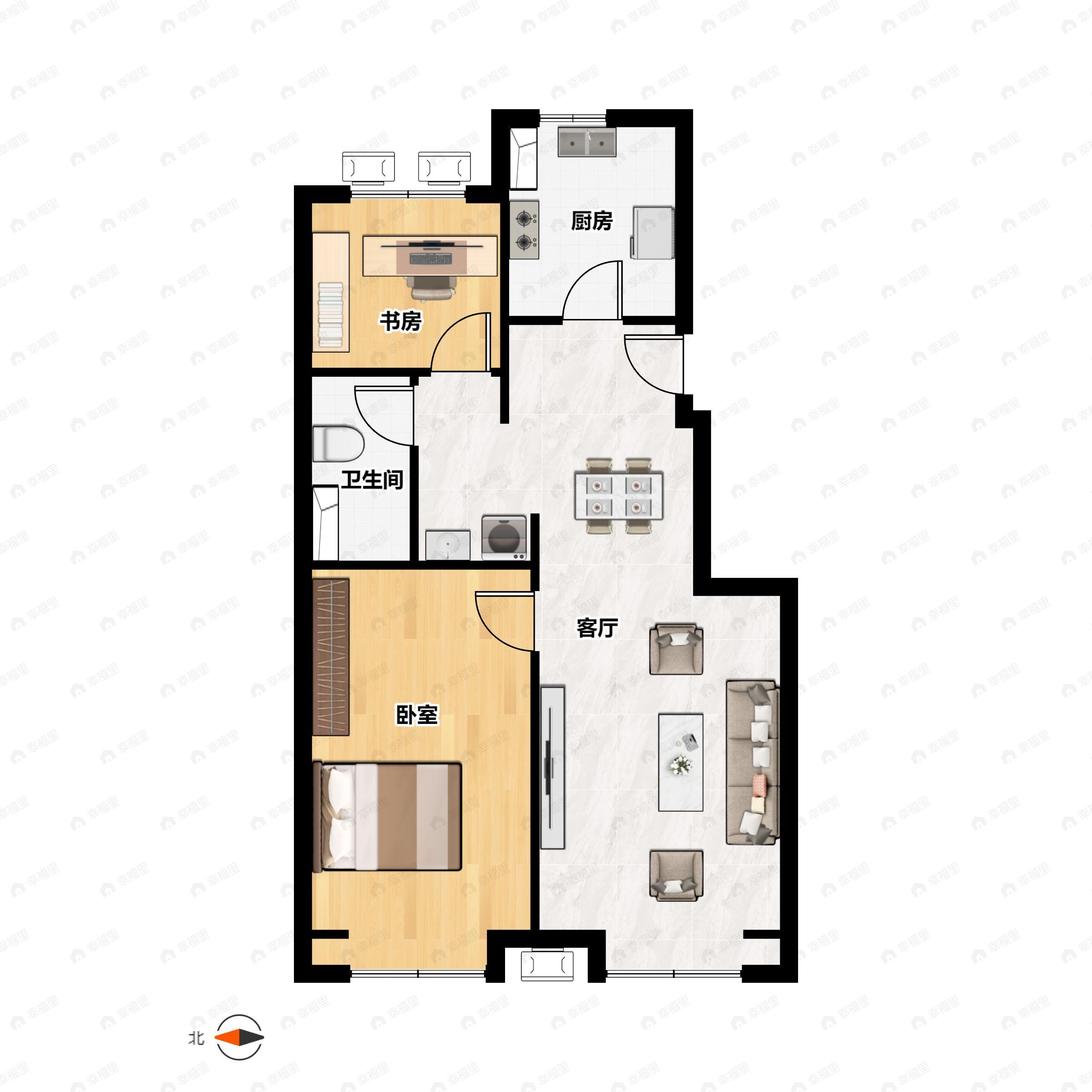 2室2厅1卫建面78m²西|东户型图