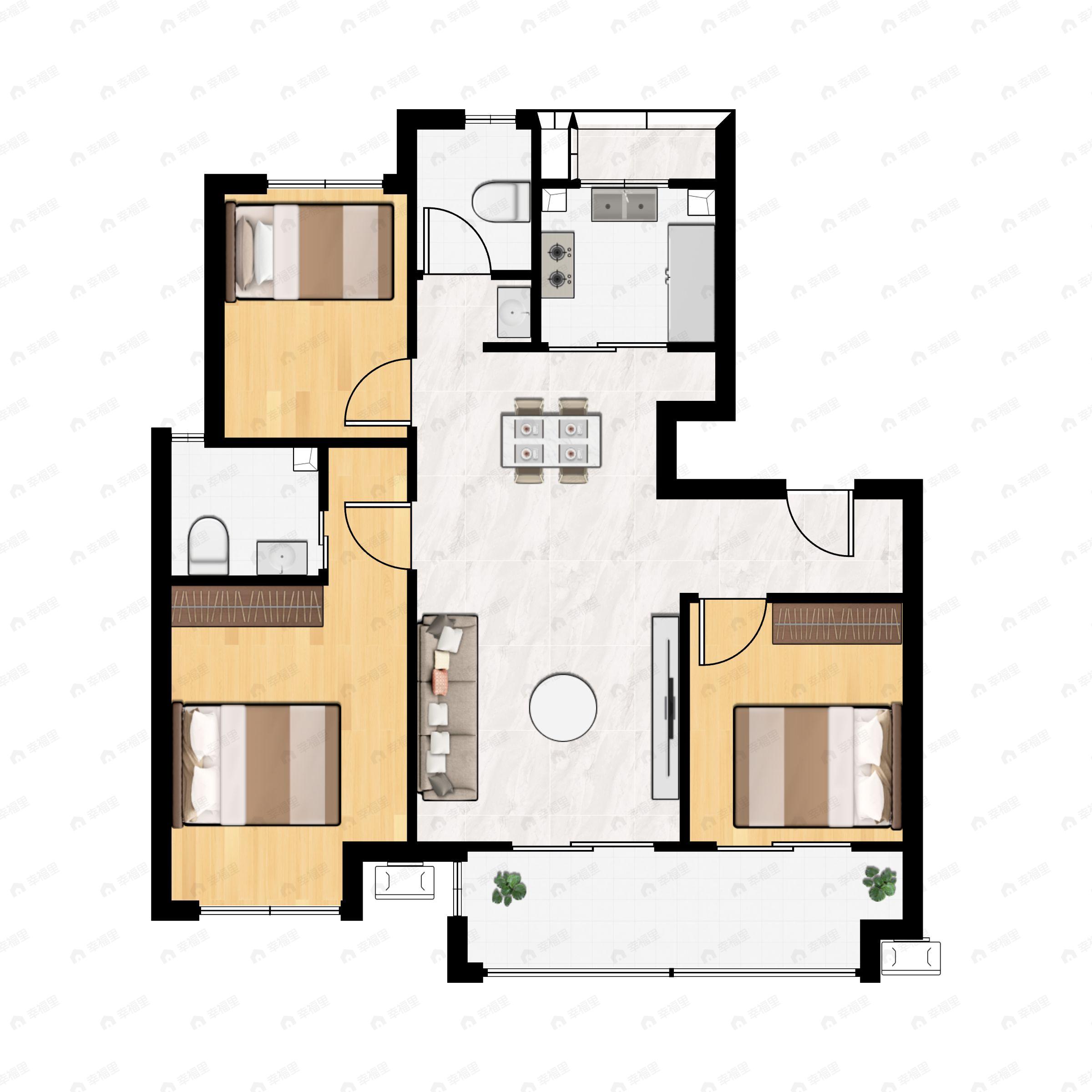 3室2厅2卫建面95m²北|南户型图