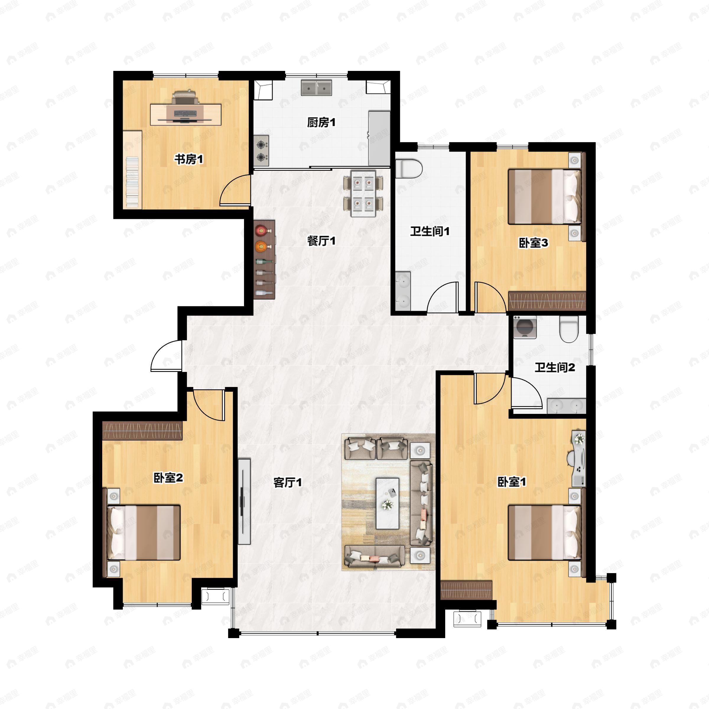 4室2厅2卫建面155平南户型图