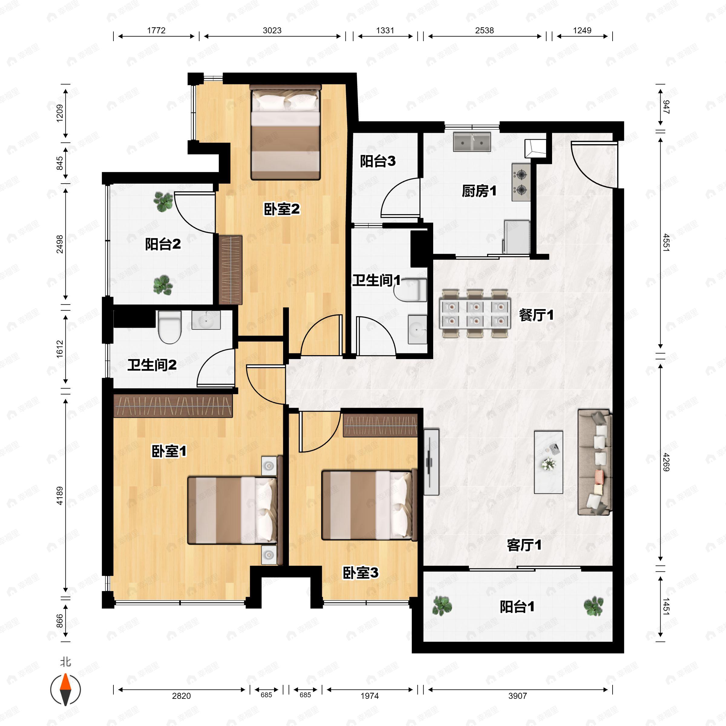 3室2厅2卫建面113平户型图
