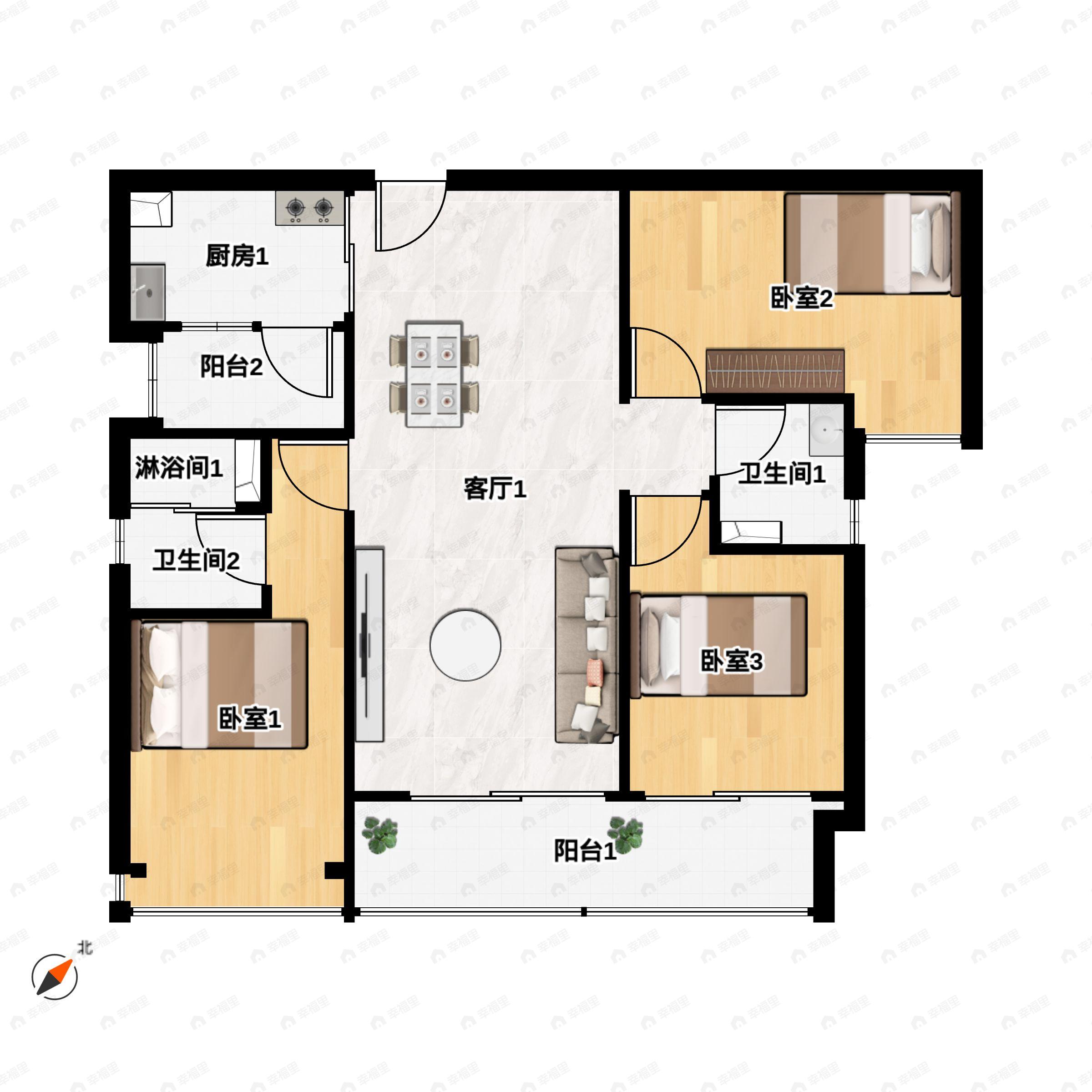 3室2厅2卫建面120平户型图