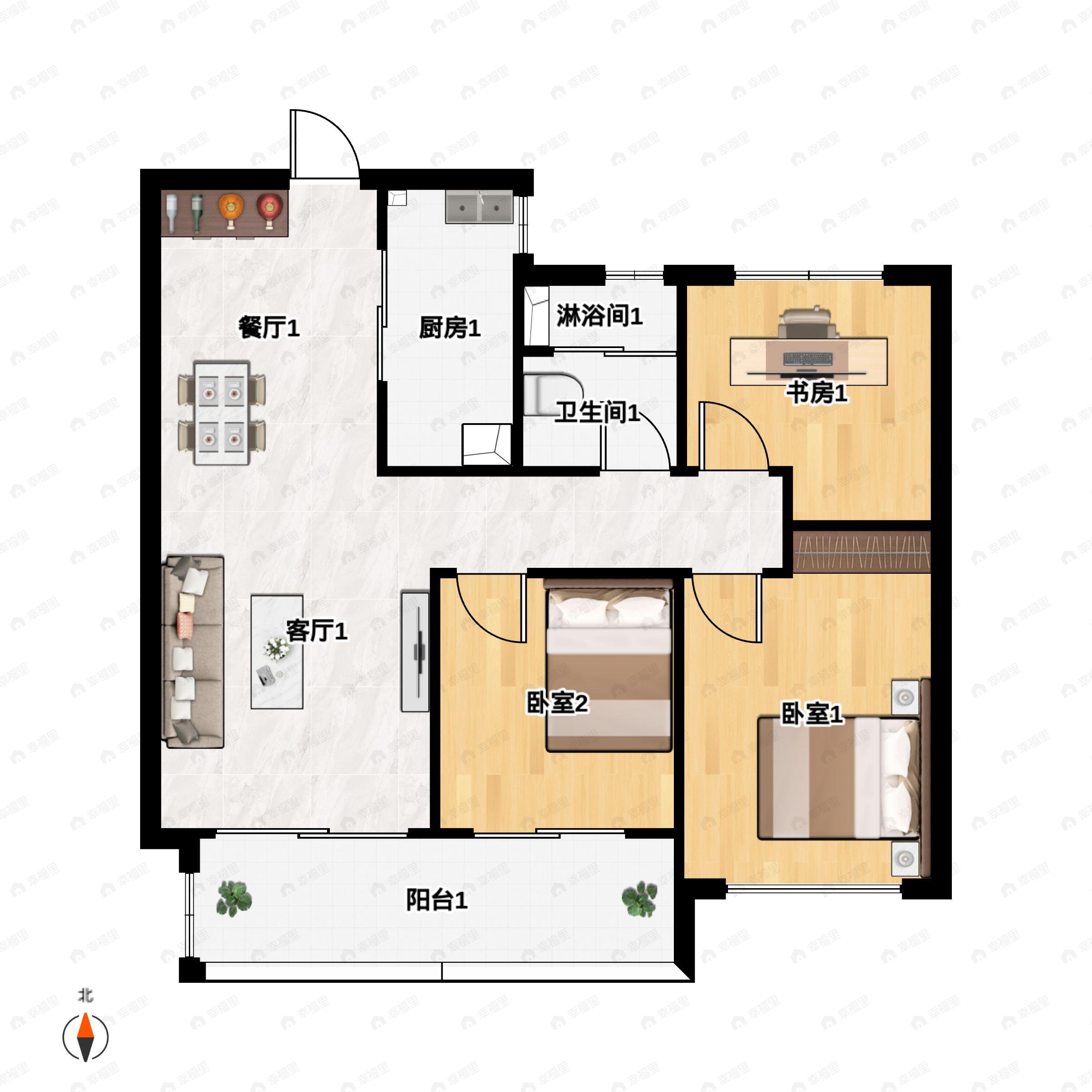 3室2厅1卫建面104平户型图
