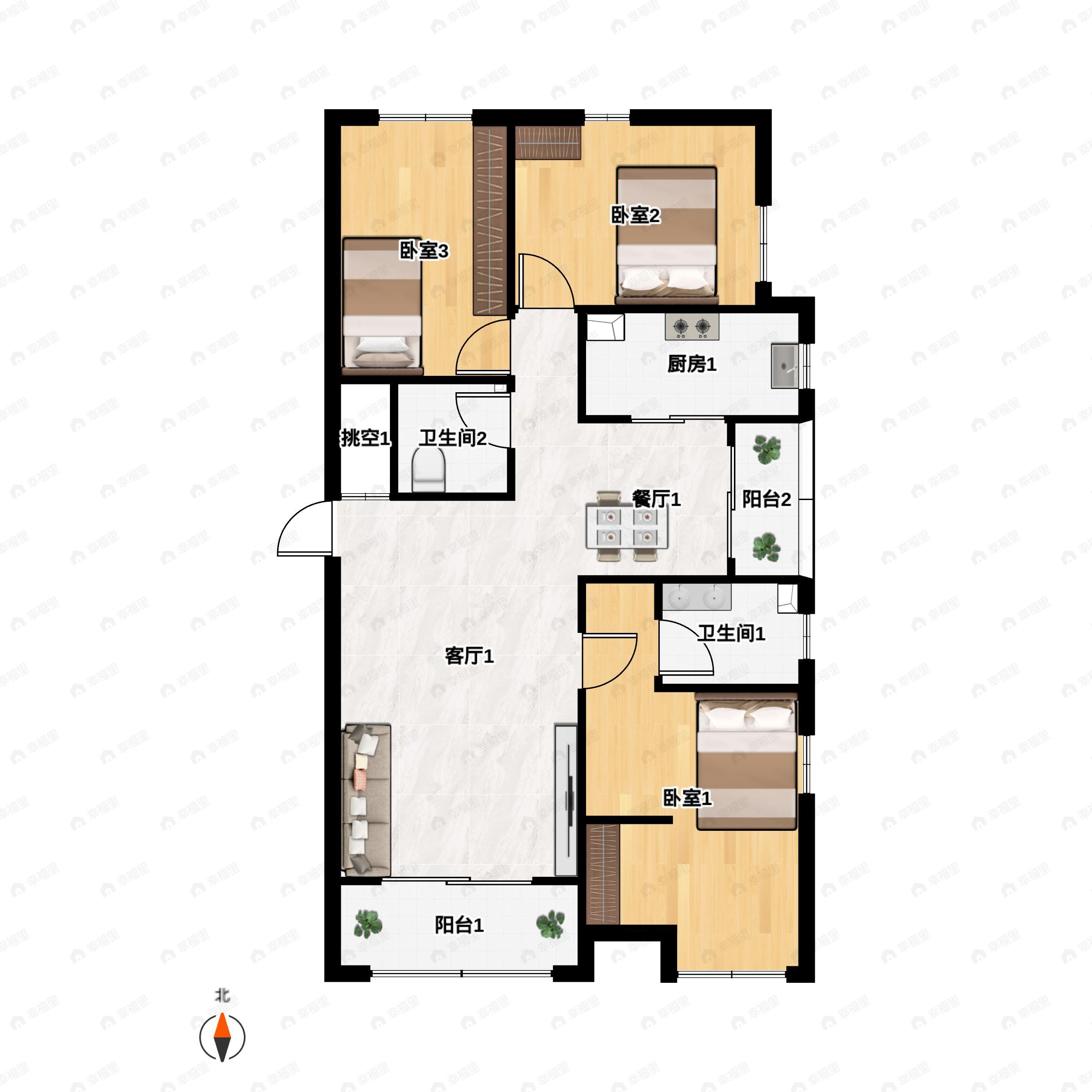 3室2厅2卫建面130平南|北户型图