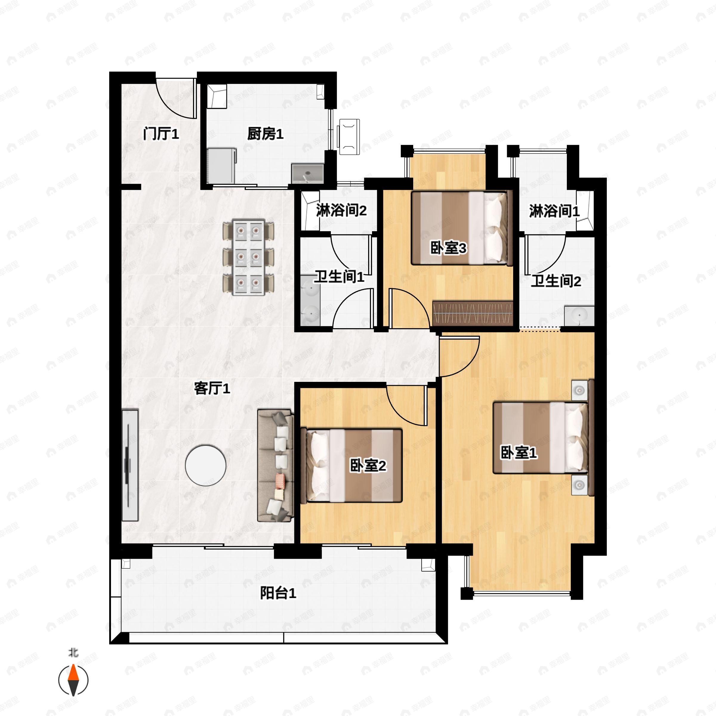 3室2厅2卫建面122m²南|北户型图