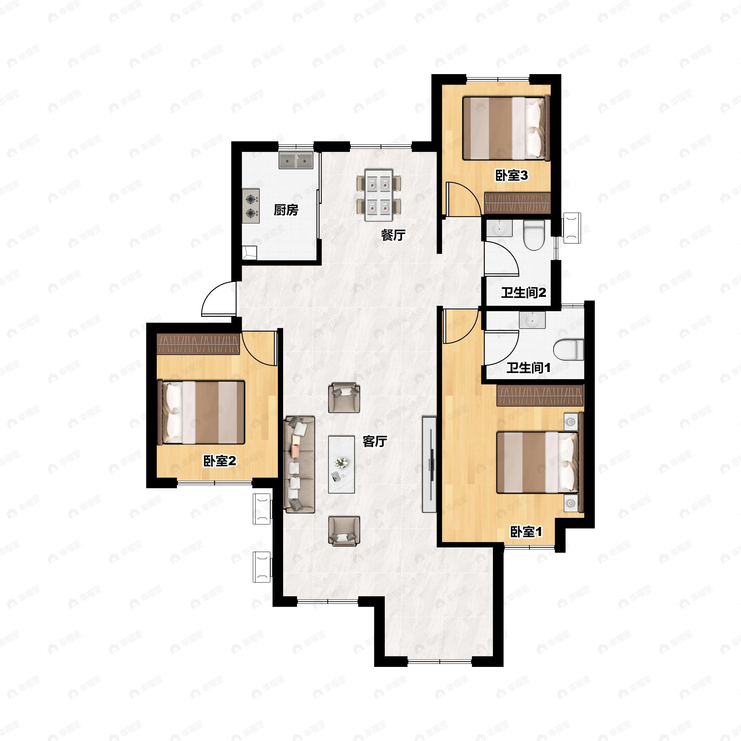3室2厅2卫建面137平南户型图