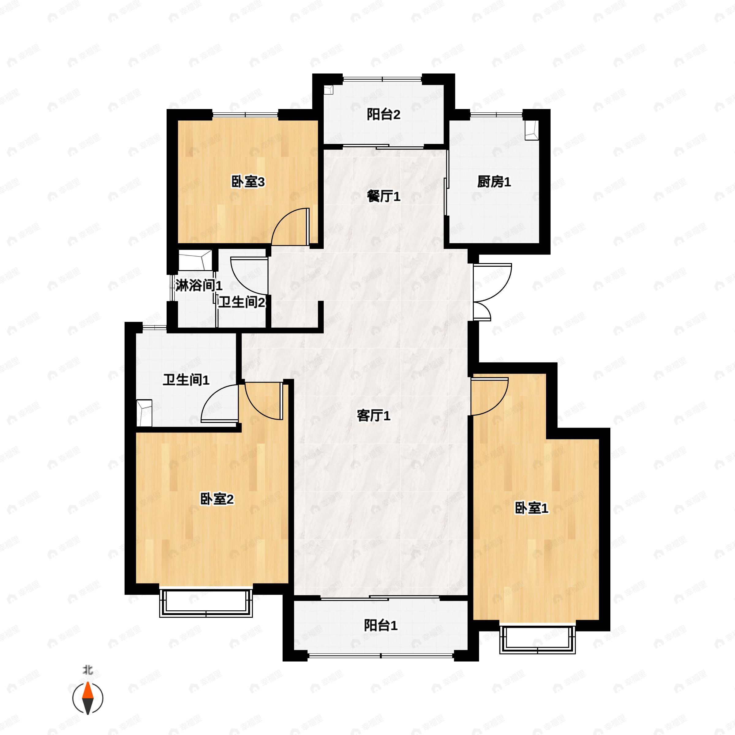 3室2厅2卫建面125平南户型图