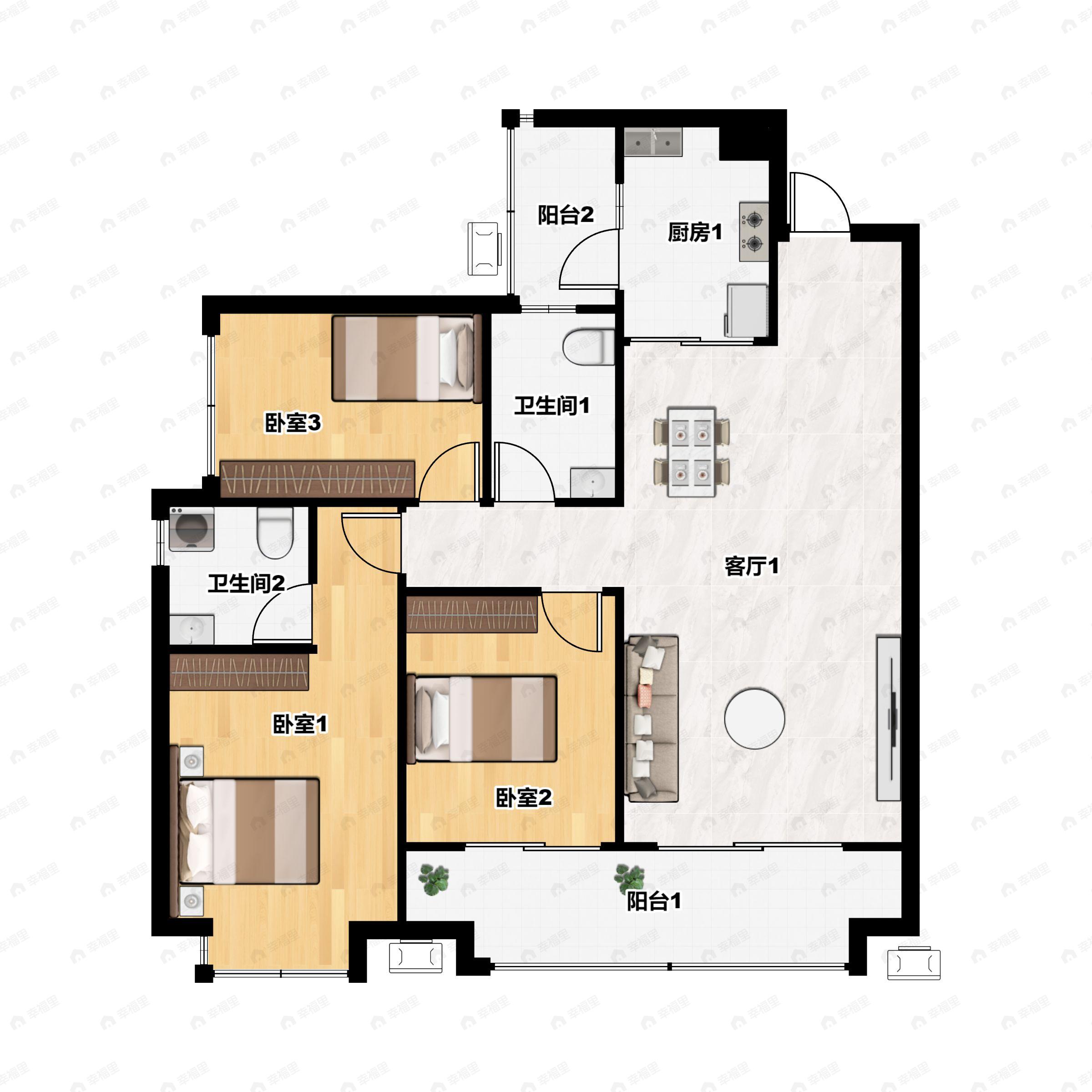 3室2厅2卫建面103平户型图