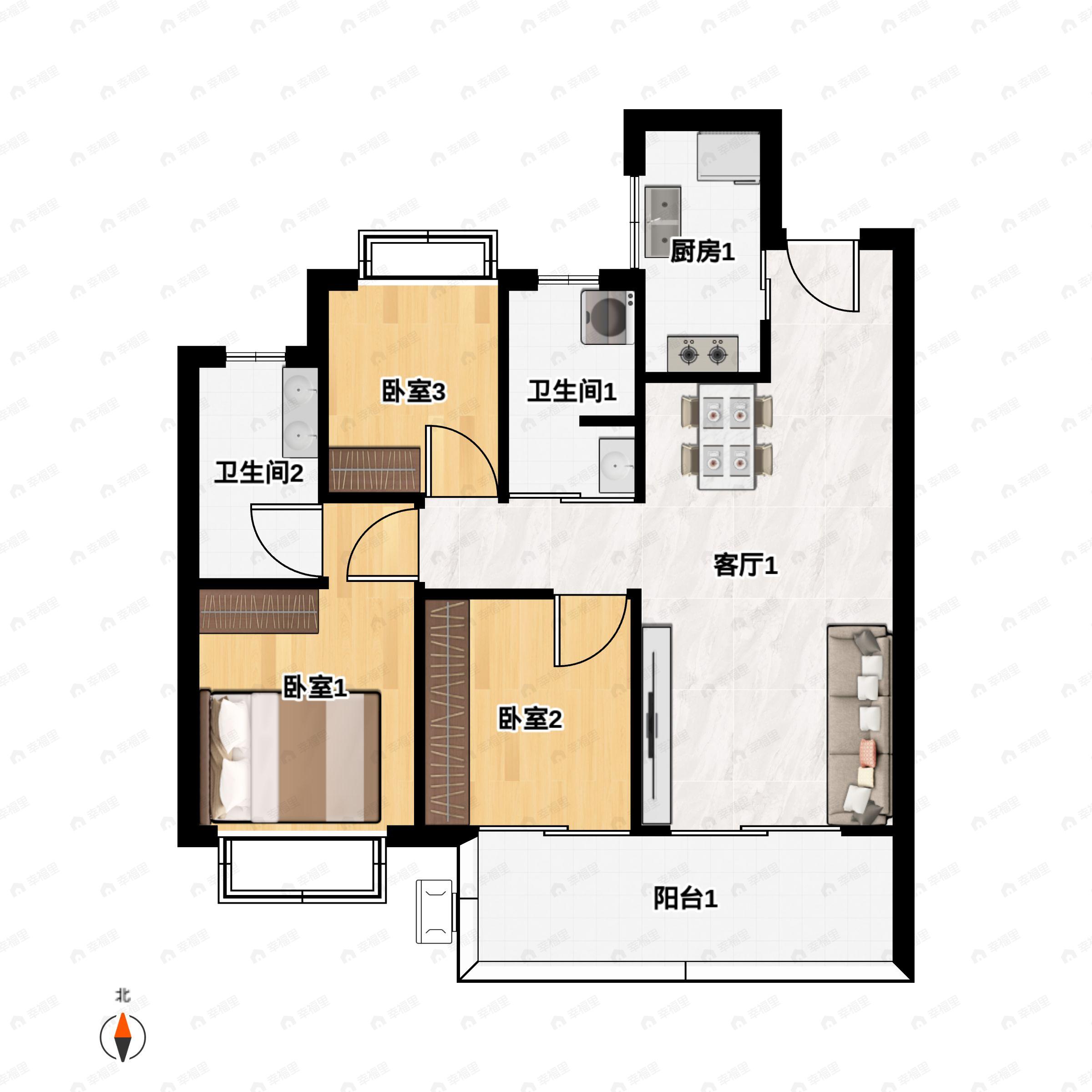 3室2厅2卫建面92平户型图
