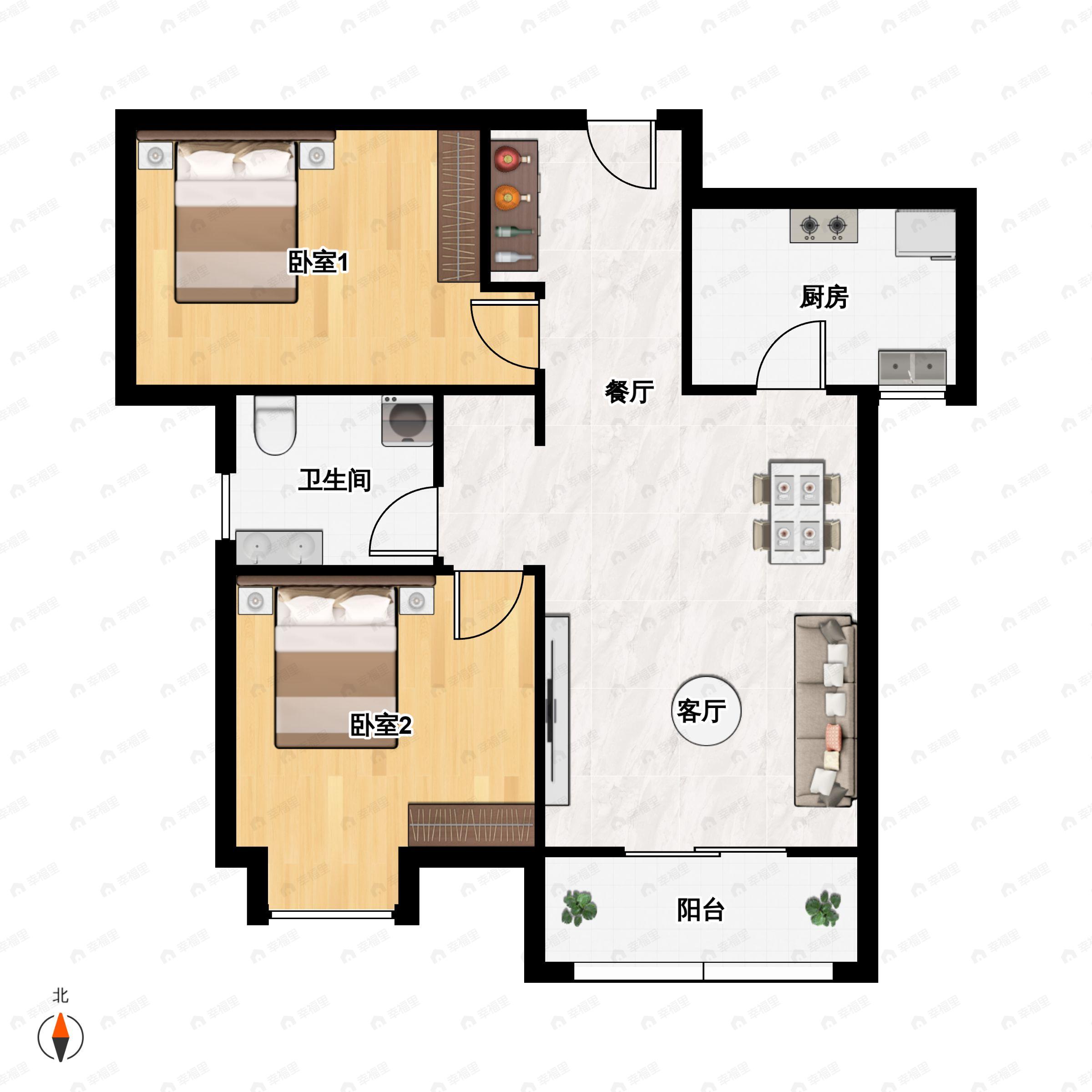 2室2厅1卫建面95m²南户型图