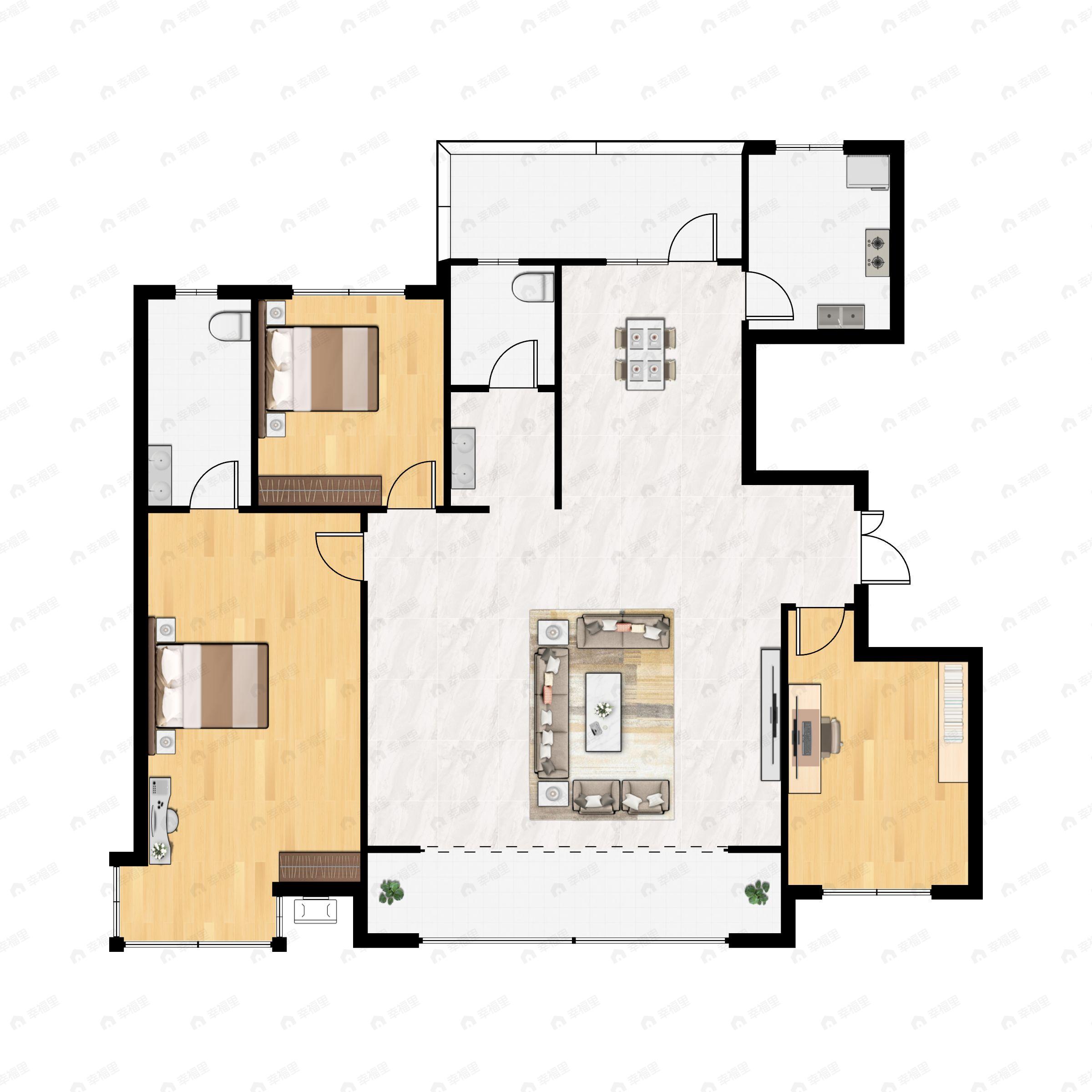 3室2厅2卫建面144m²南|北户型图