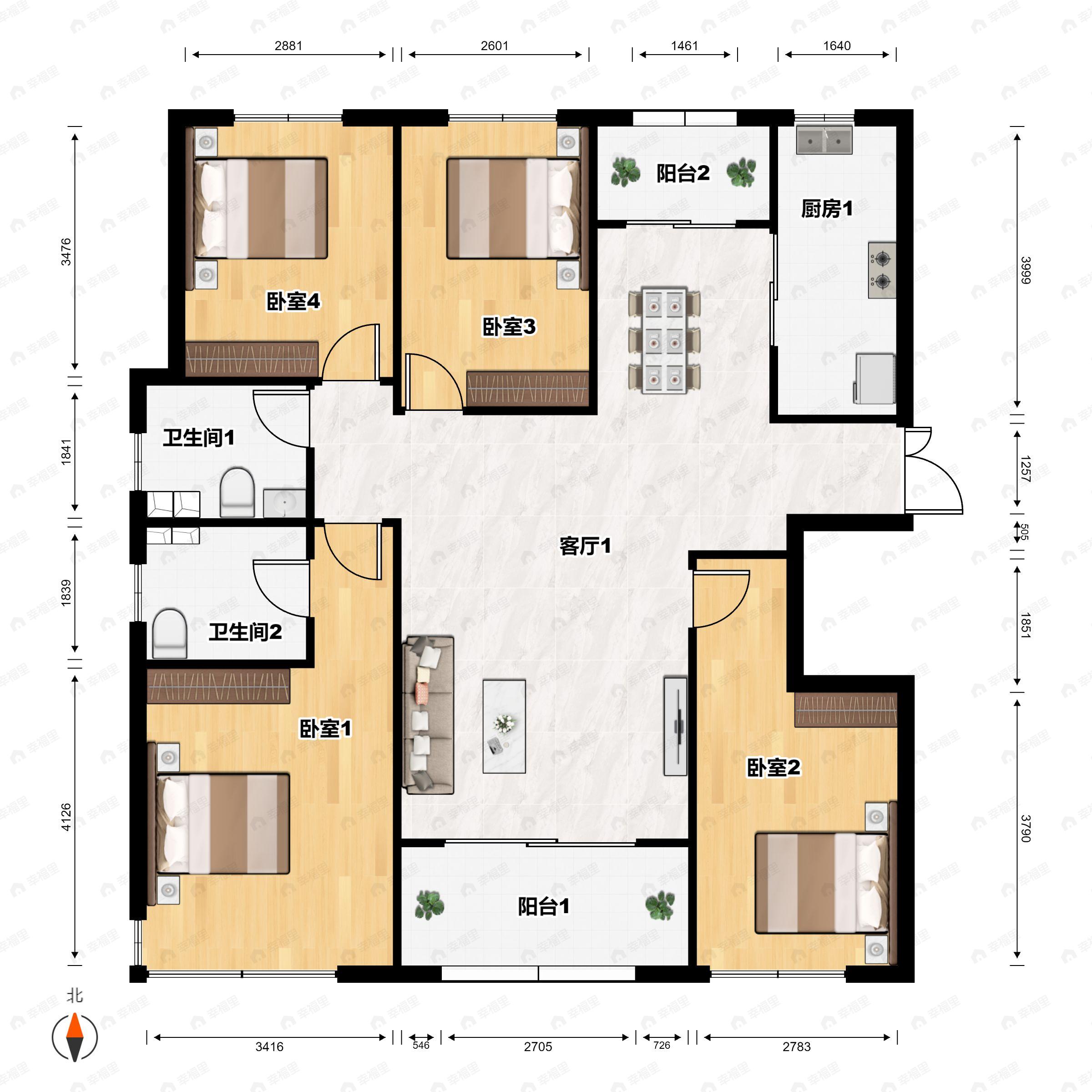 4室2厅2卫建面144平南户型图