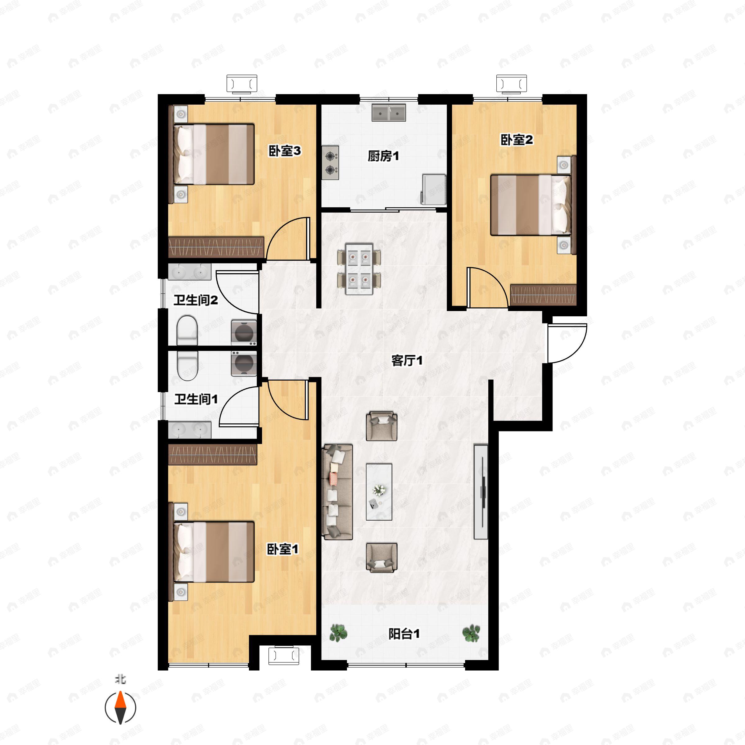 3室2厅2卫建面119平户型图