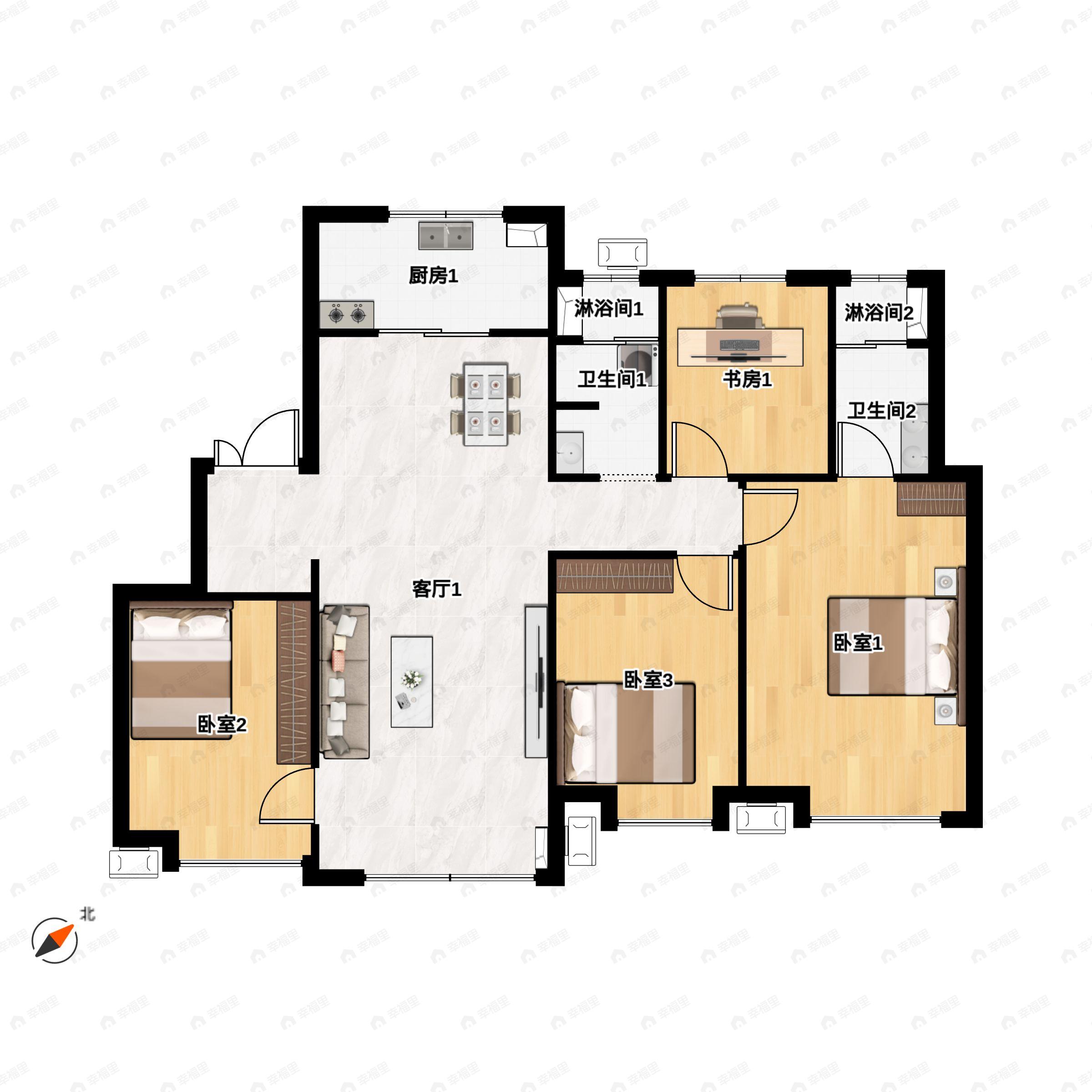 4室2厅2卫建面125平北|南户型图