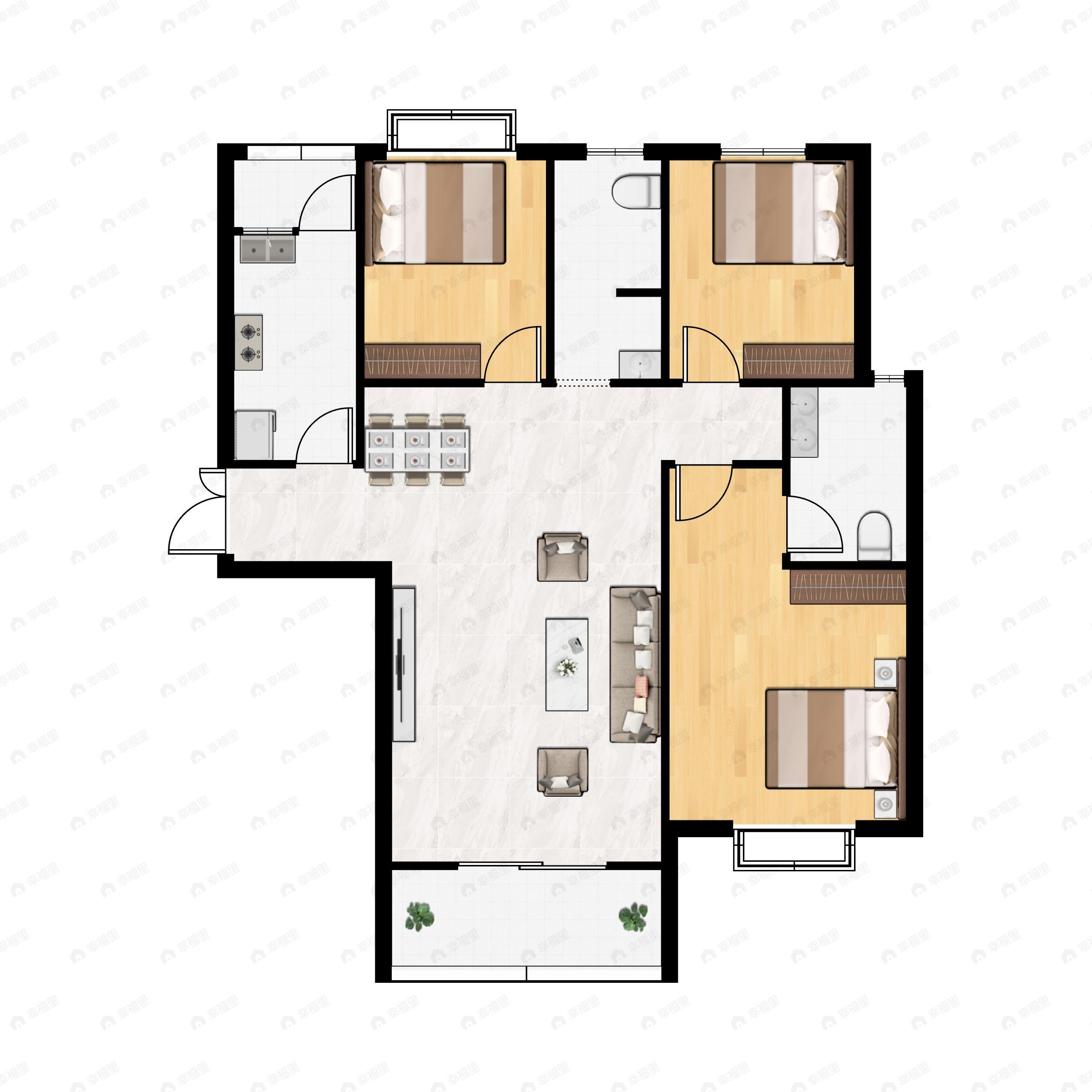 3室2厅2卫建面132m²西户型图