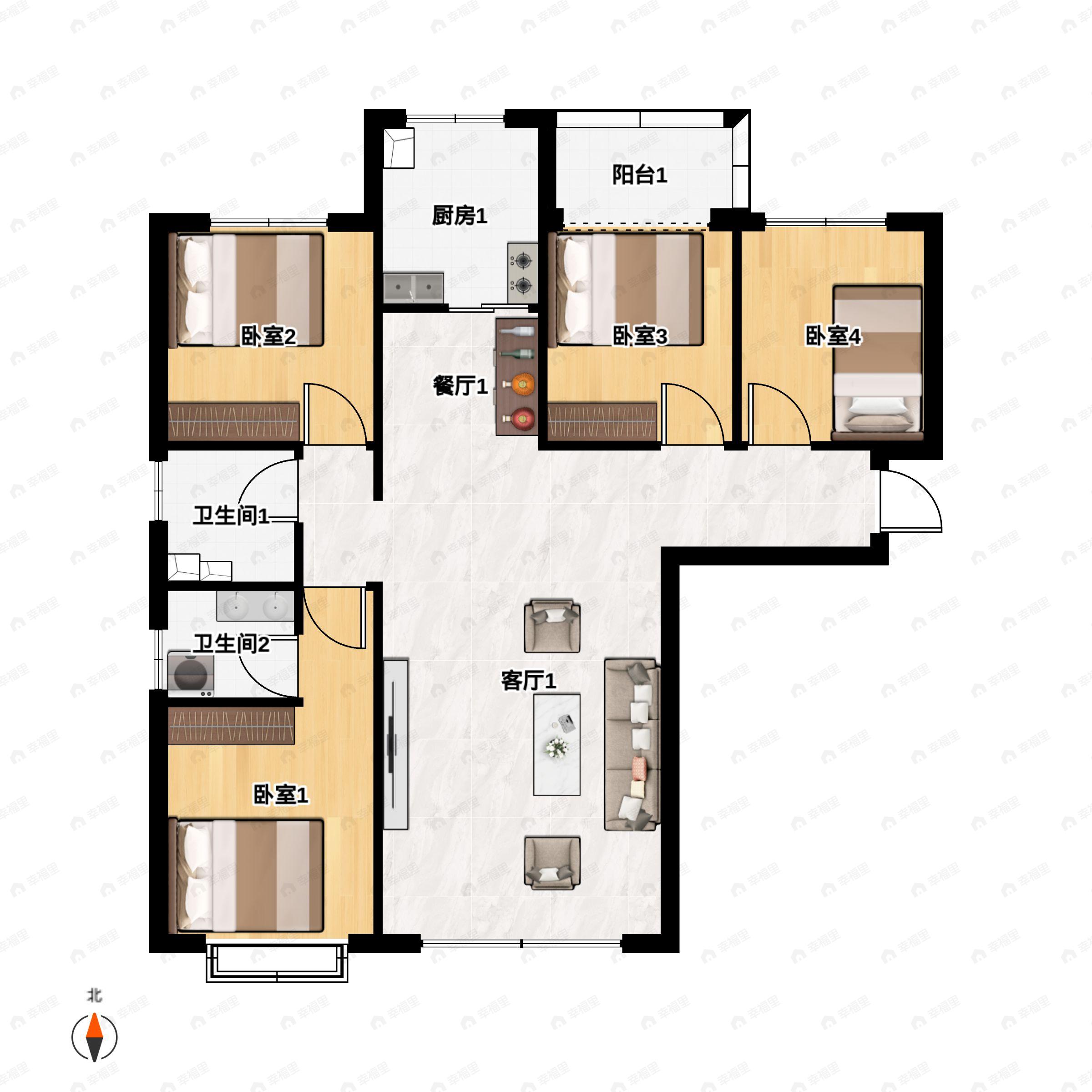 4室2厅2卫建面138平南|北户型图