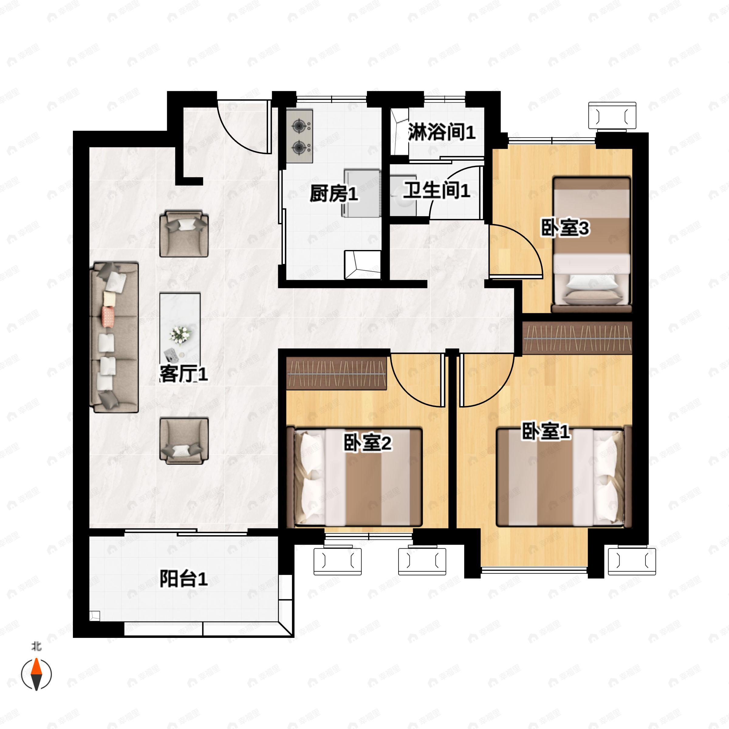3室2厅1卫建面89m²南户型图