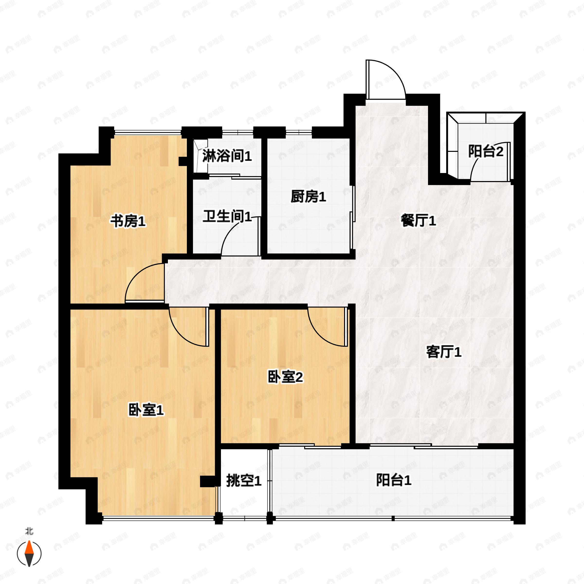 3室2厅1卫建面97m²南户型图