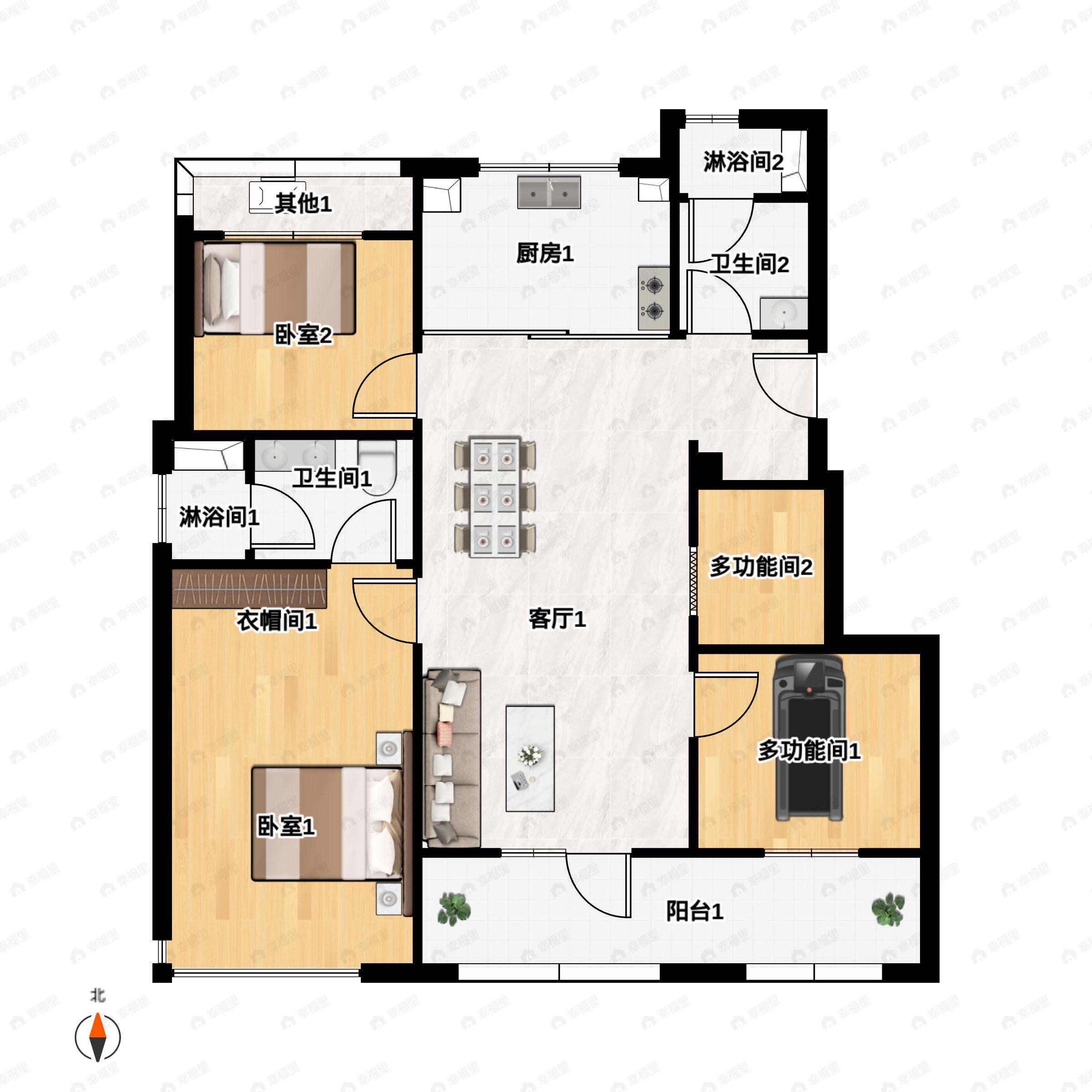 3室2厅2卫建面100平户型图